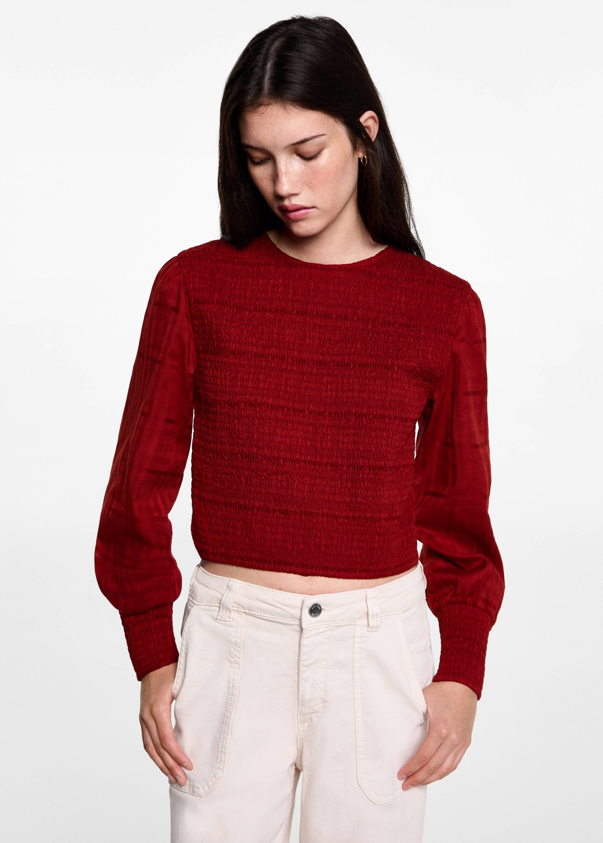 Blusa algodón detalles fruncidos - Plano medio