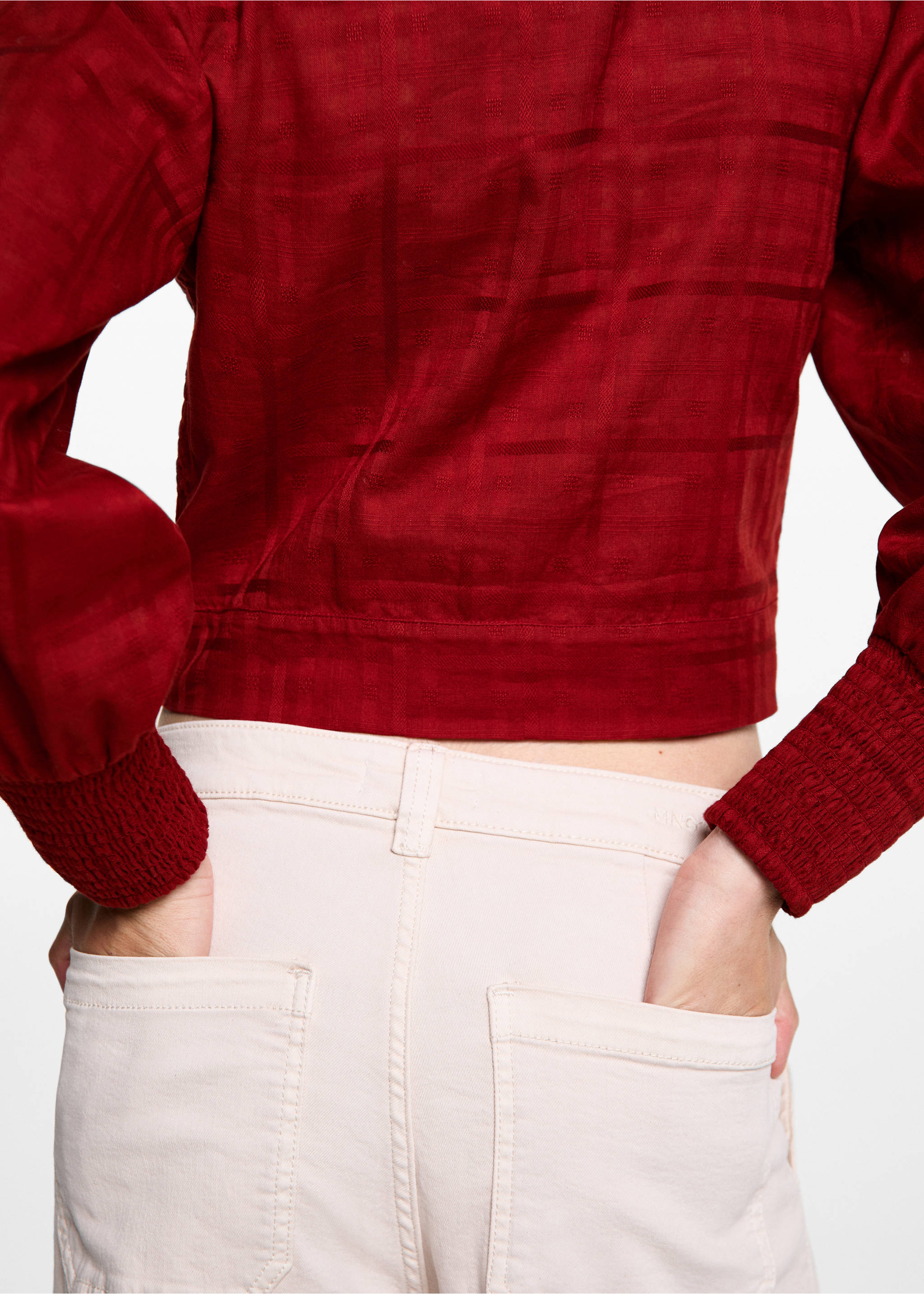 Gathered details cotton blouse - Details of the article 6, Red. Ref: 77025988-00.