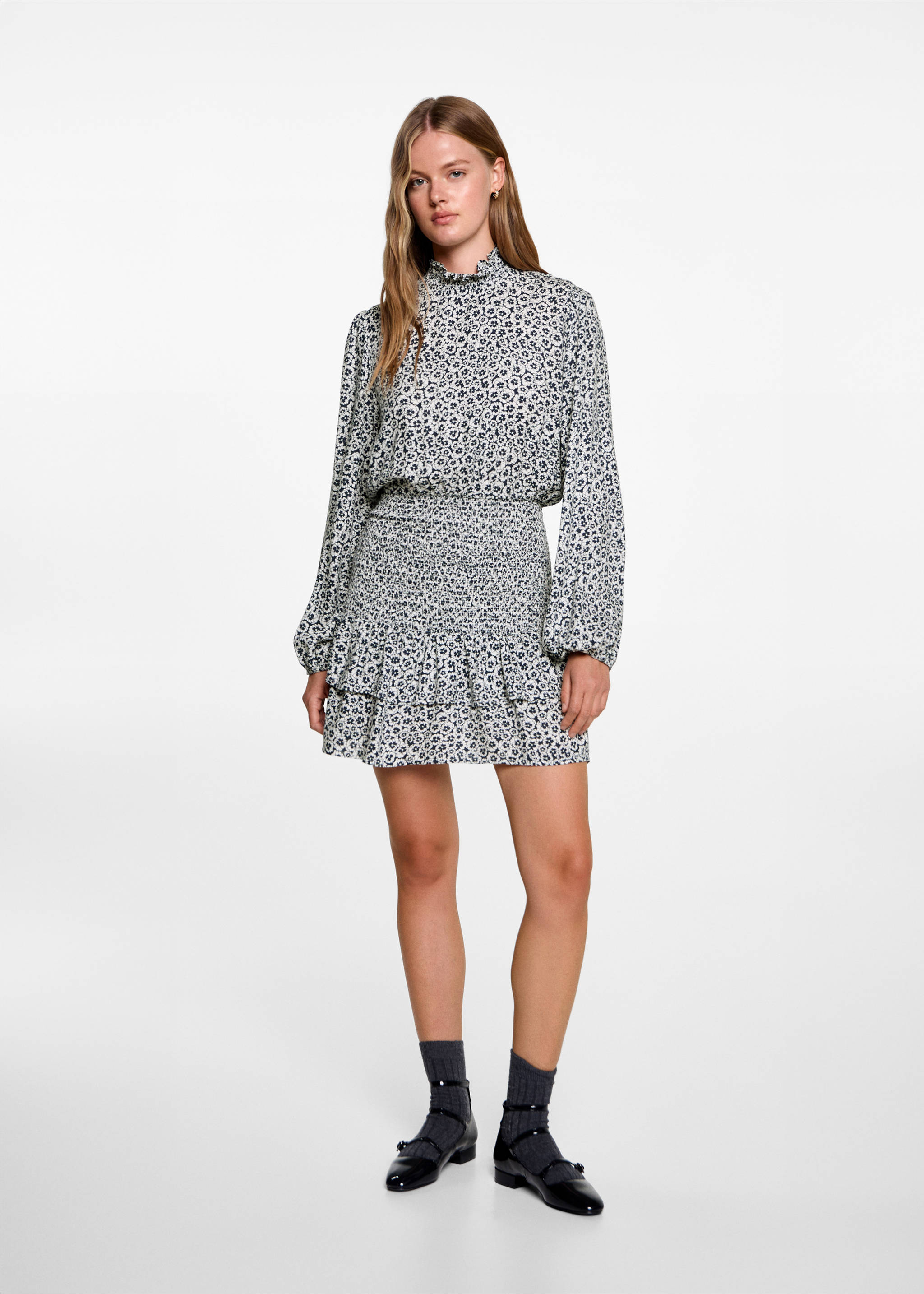 Vestido estampado floral volantes - Plano general, Azul marino oscuro. Ref: 77026741-00.