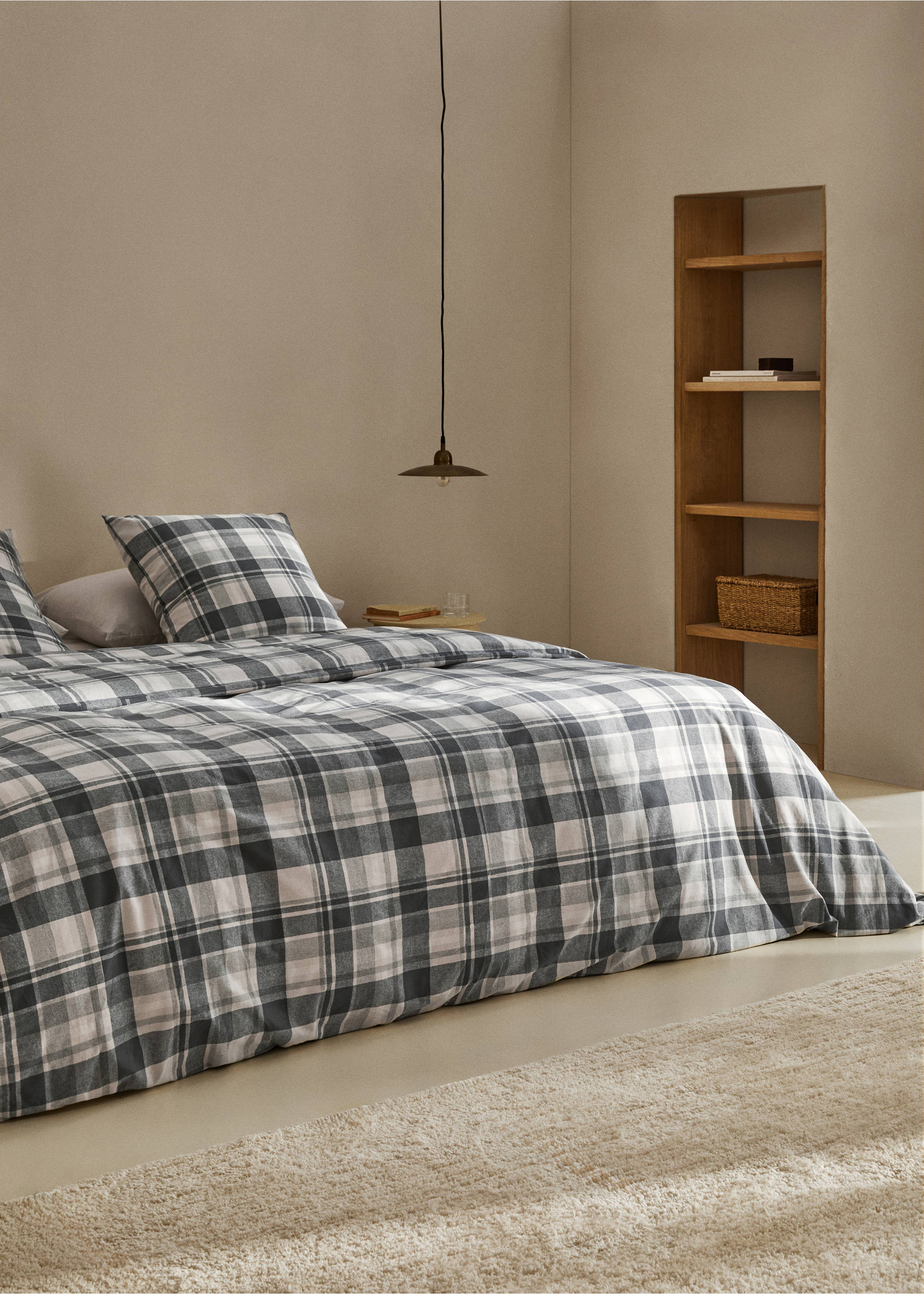 Duvet cover cotton flannel checkered bed 90cm - General plane, Grey. Ref: 77027667-00.
