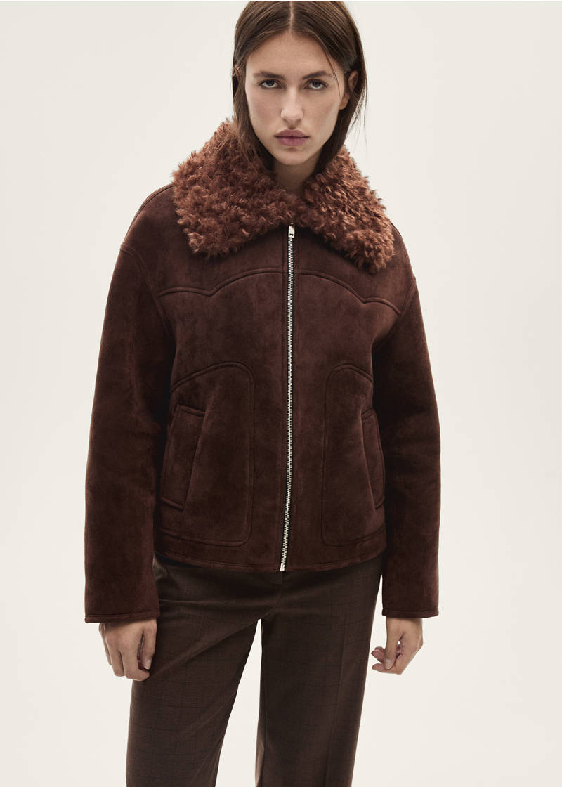 Suede-effect jacket with fleece collar - Brown