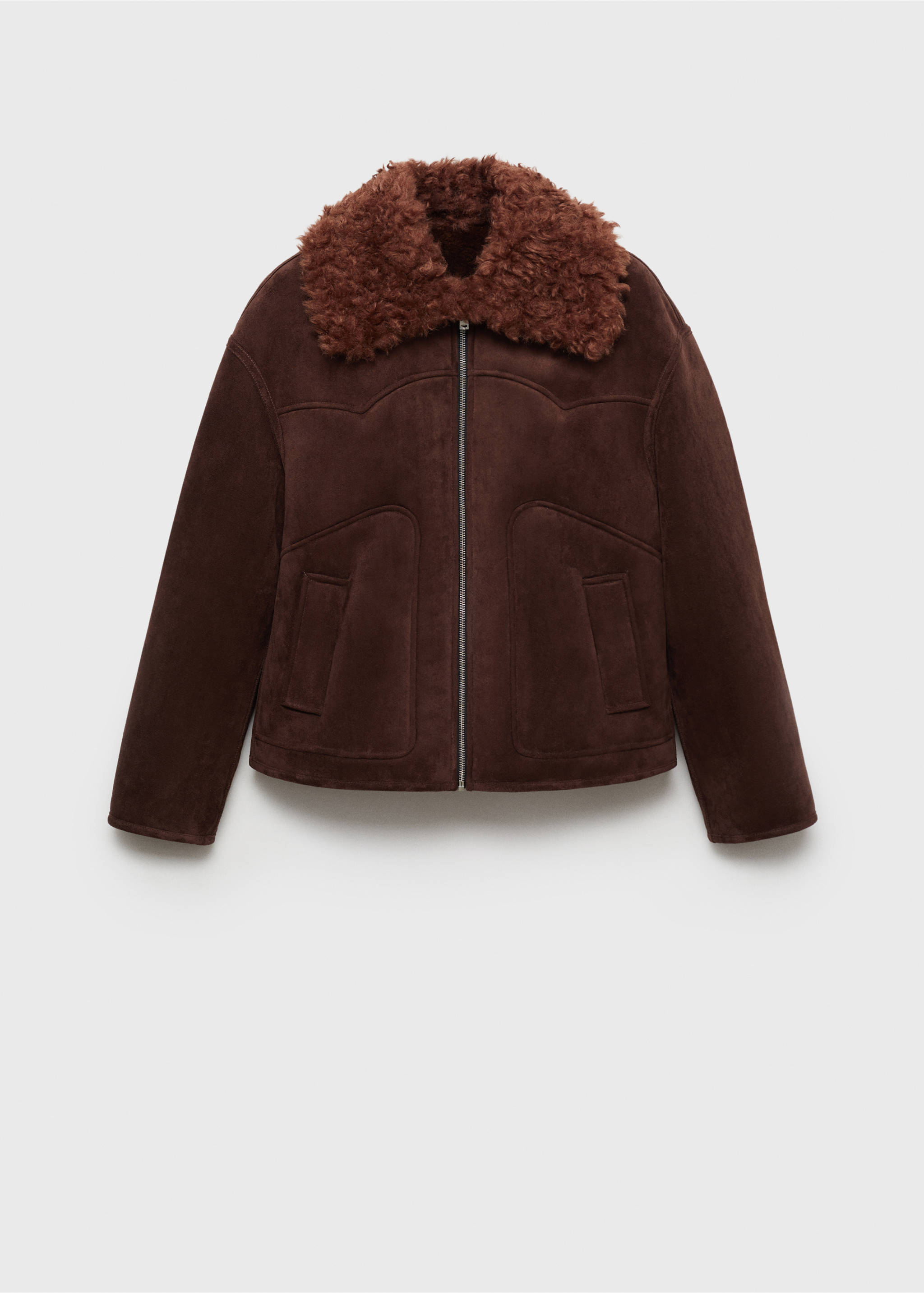 Suede-effect jacket with fleece collar - Article without model, Brown. Ref: 77027677-00.