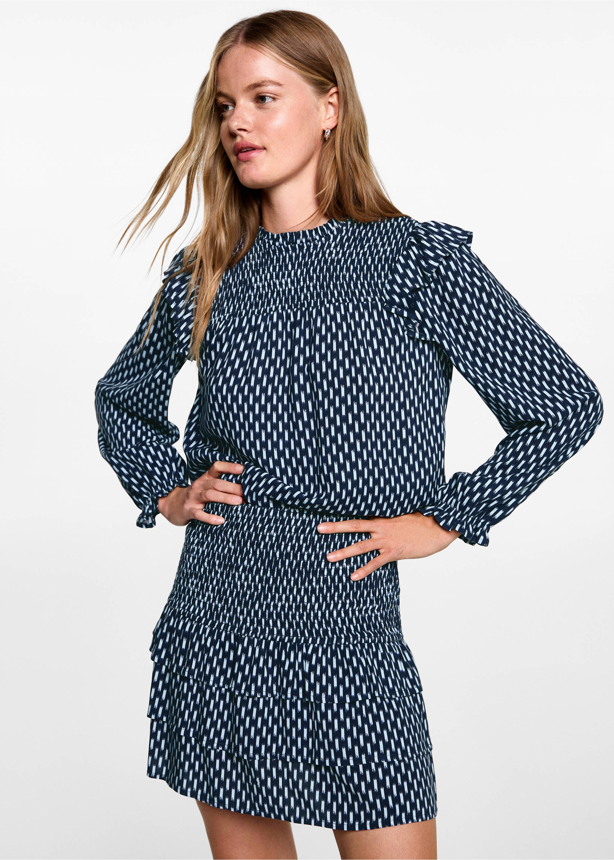 Ruched printed blouse - Medium plane, Dark Navy. Ref: 77027679-00.
