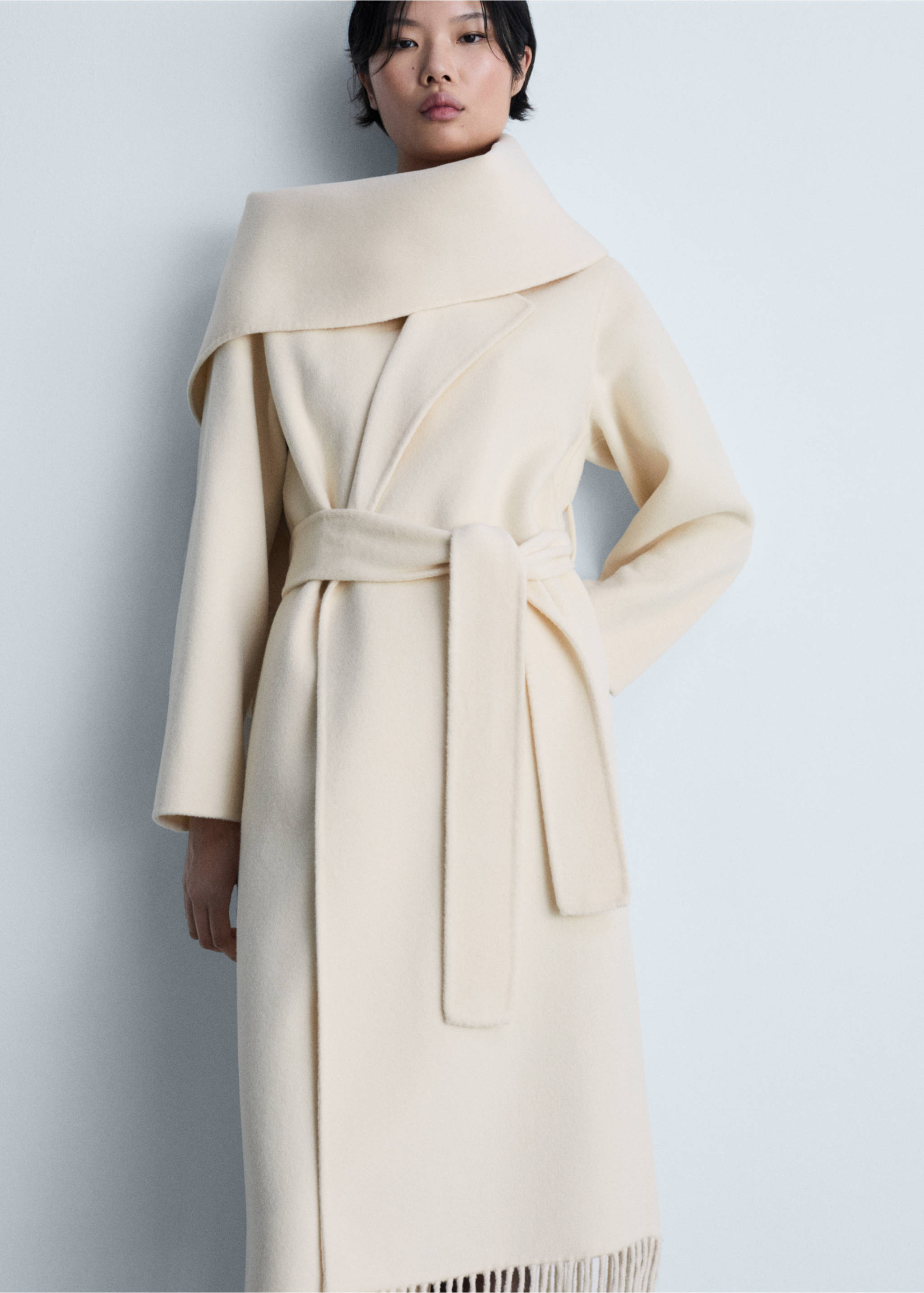 Manteau en laine à franges - Plan moyen, Écru. Ref: 77027689-00.