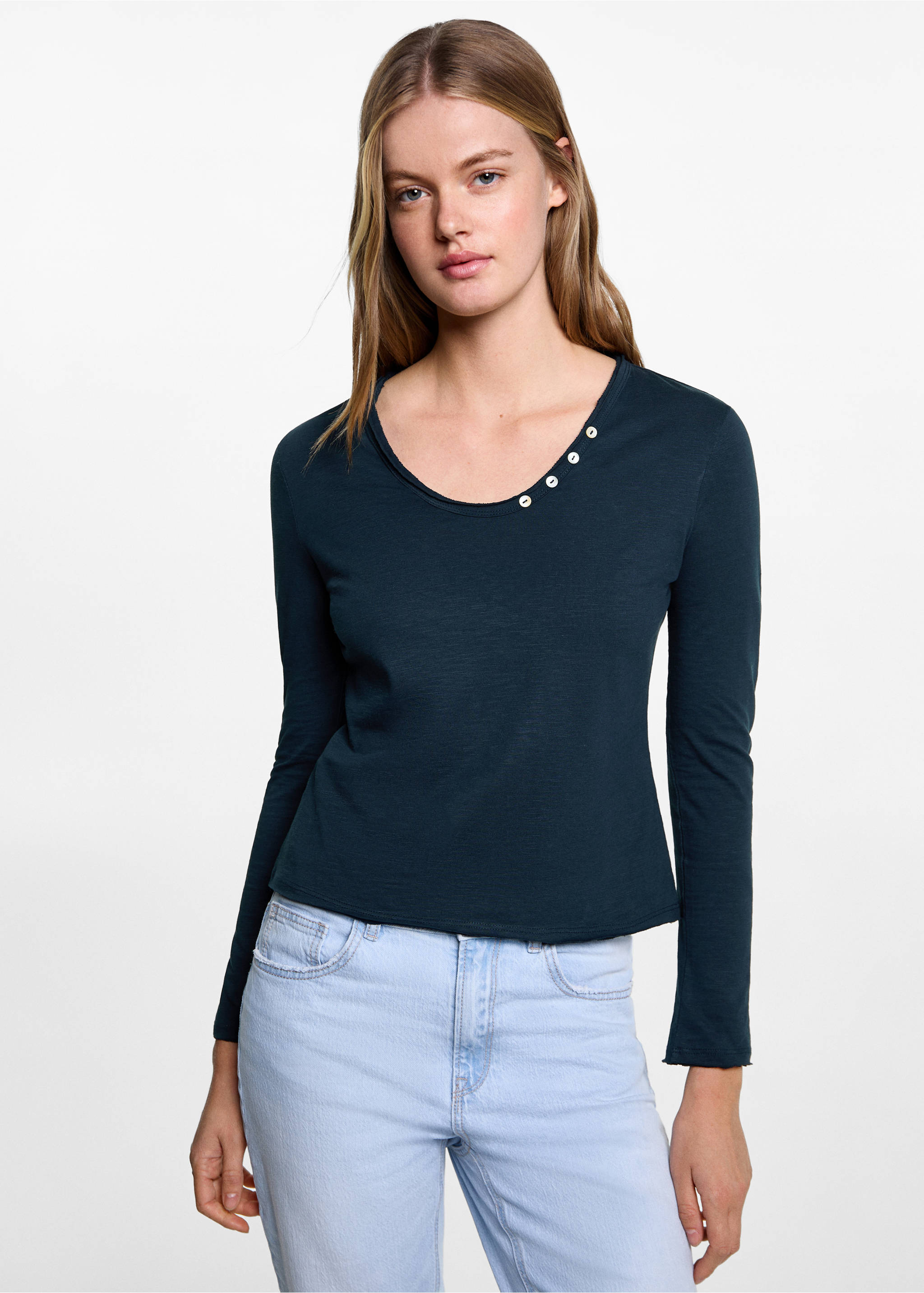 Buttoned long sleeve t-shirt - Medium plane, Dark Navy. Ref: 77027696-00.