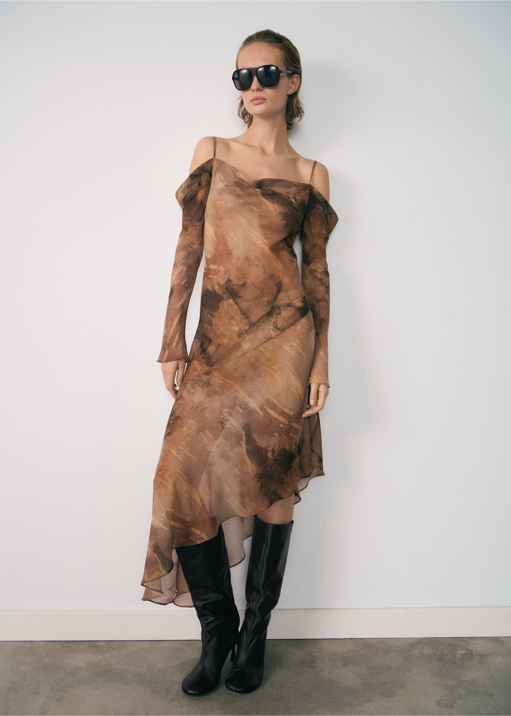 Printed chiffon dress - General plane, Brown. Ref: 77027720-00.