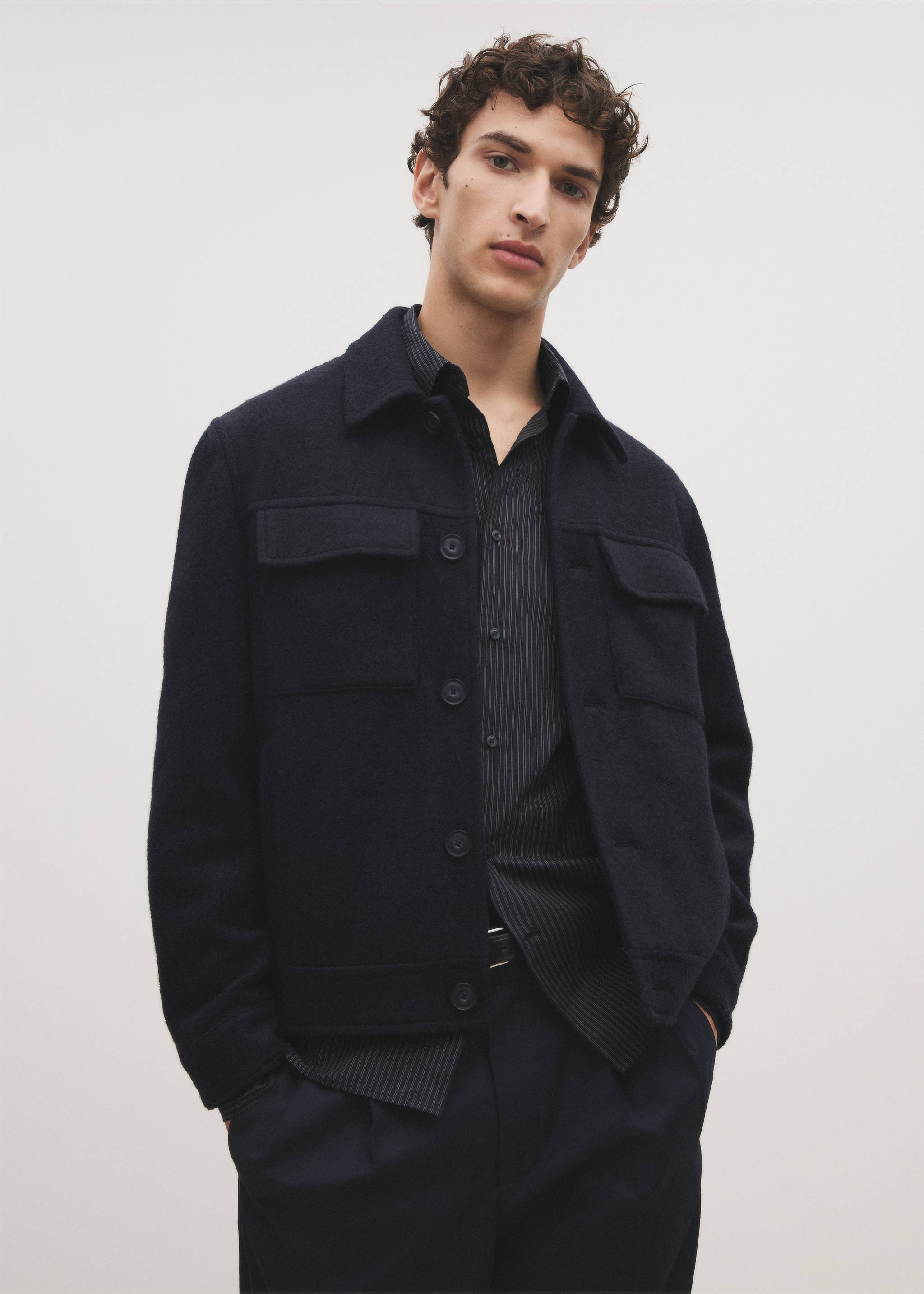 Wool jacket with pockets - Details of the article 5, Dark Navy. Ref: 77027913-00.