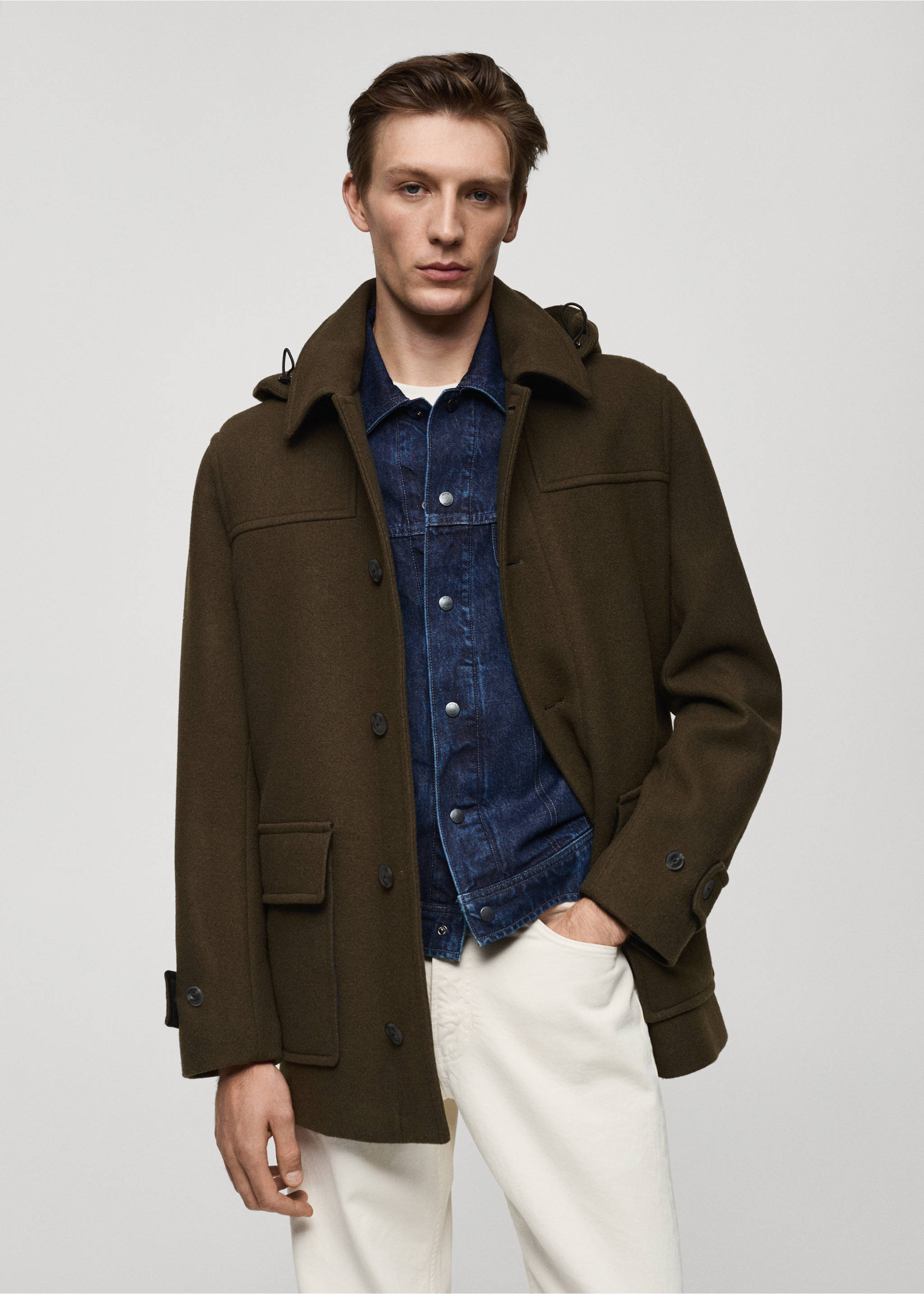 Detachable hood wool coat - Medium plane, Khaki. Ref: 77027916-00.