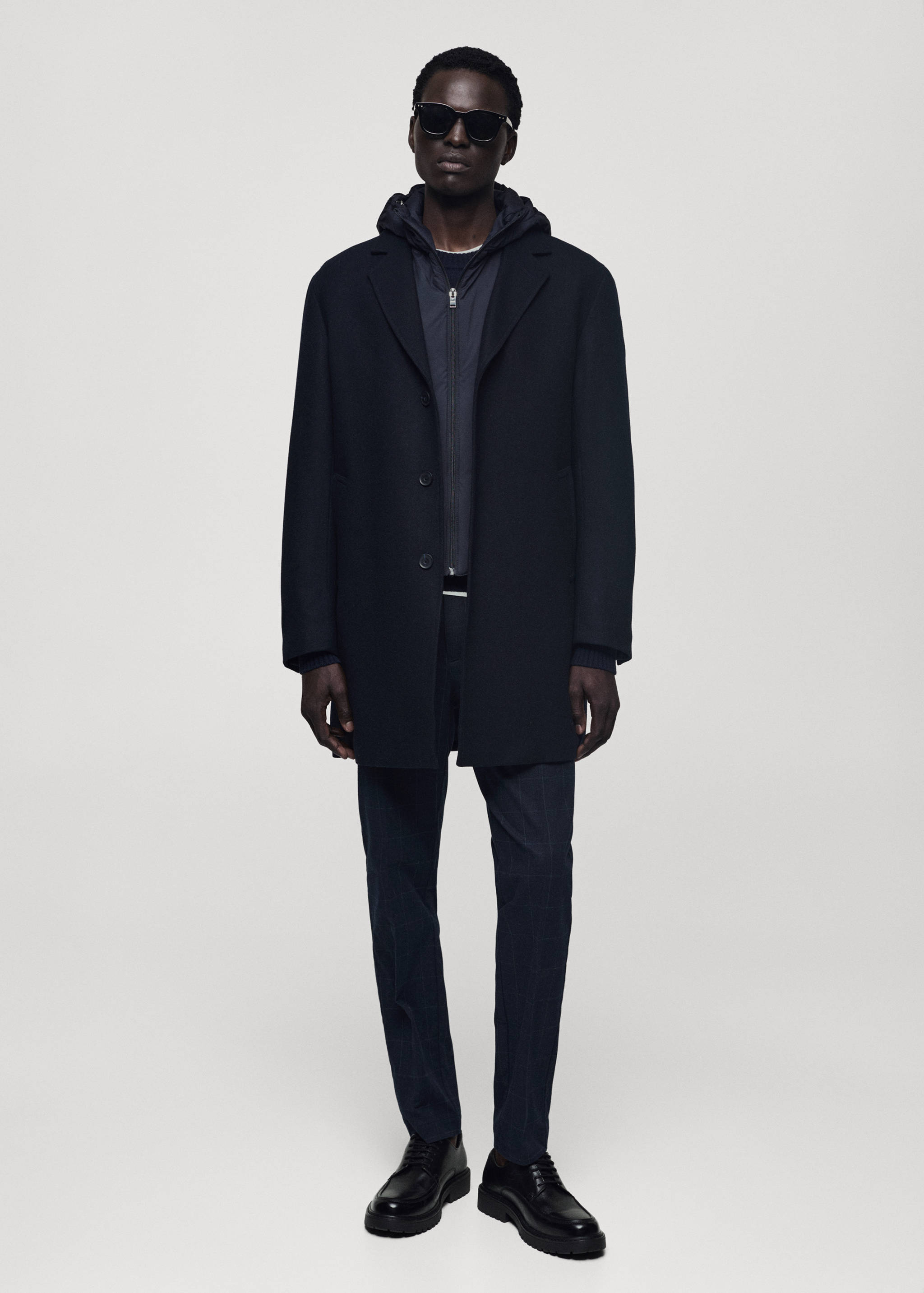 Wool coat with quilted interior hood - General plane