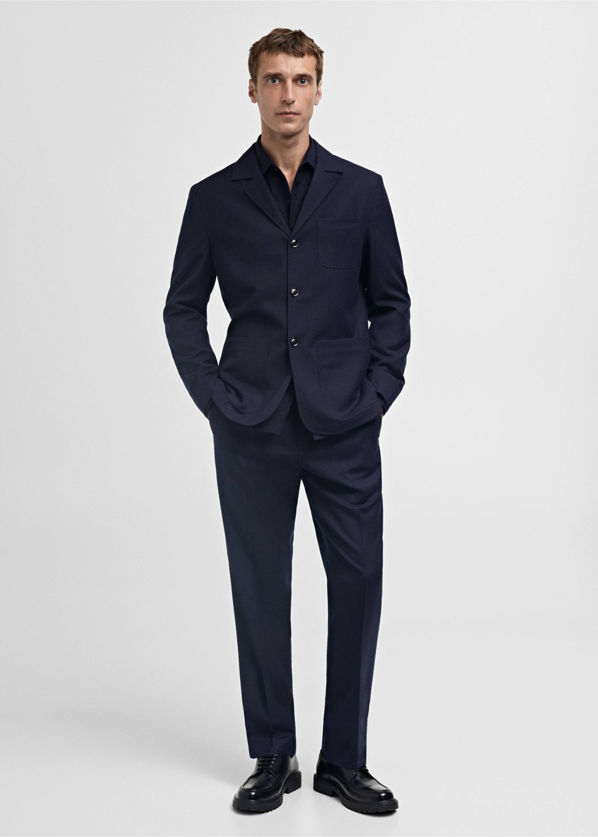 Veste costume flanelle 100 % laine vierge - Plan général, Bleu marine foncé. Ref: 77027922-00.