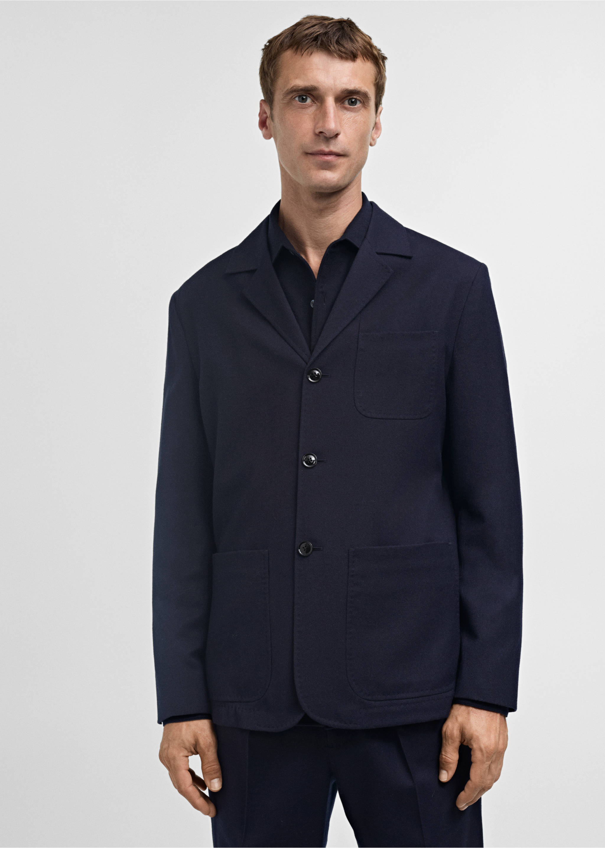 Veste costume flanelle 100 % laine vierge - Plan moyen, Bleu marine foncé. Ref: 77027922-00.