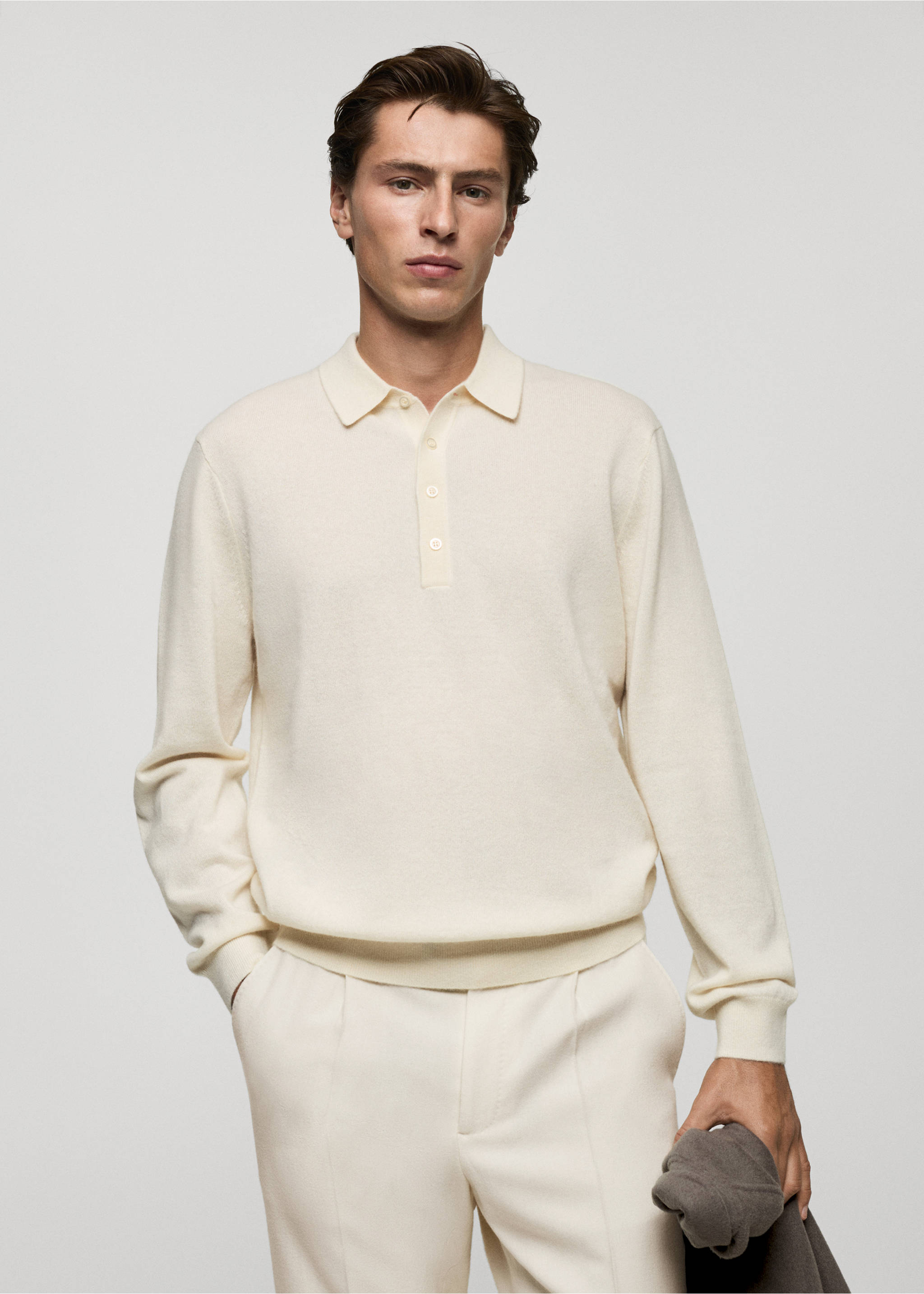 100% cashmere polo sweater - Medium plane, Ecru. Ref: 77027933-00.
