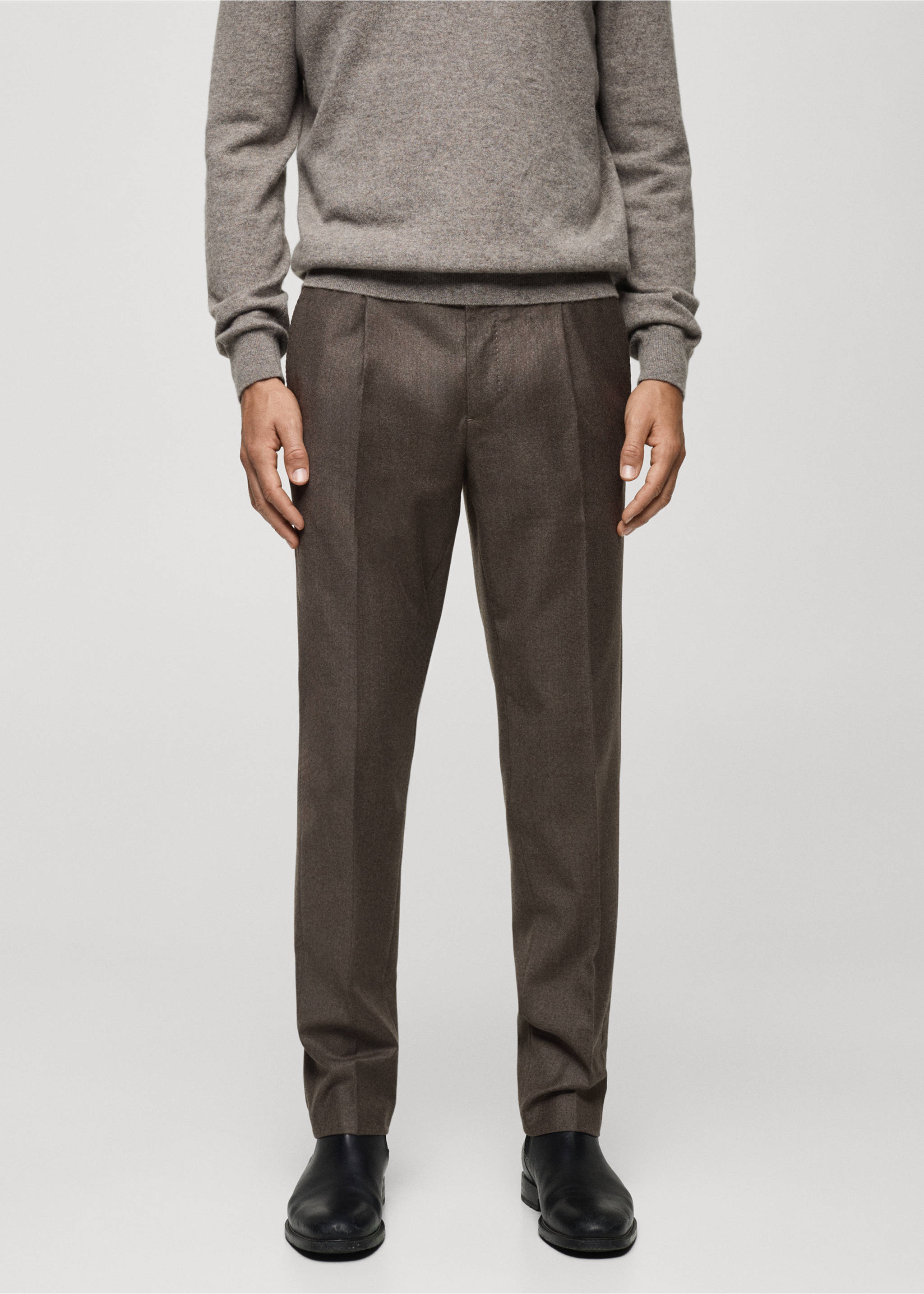 100% Italian virgin wool flannel suit trousers - Medium plane, Brown. Ref: 77027937-00.