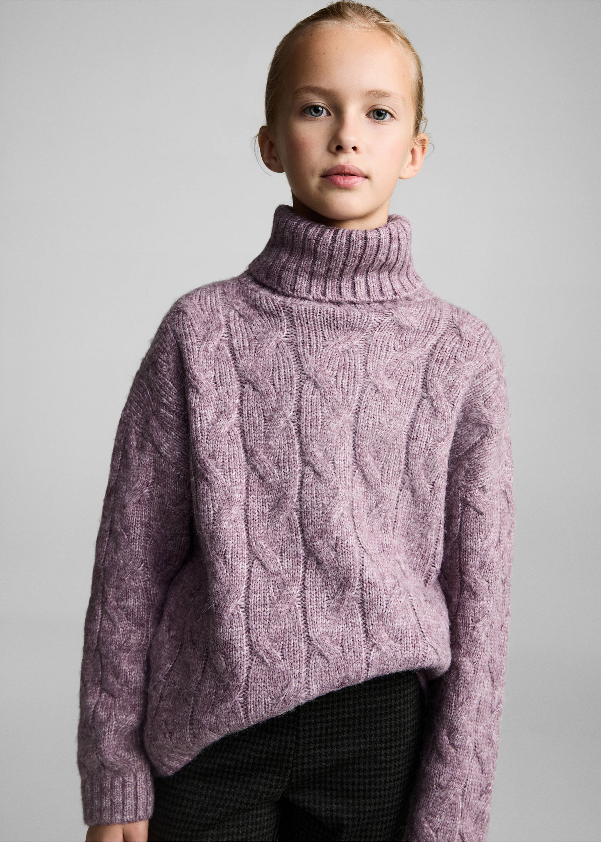 Cable knit turtleneck sweater - Medium plane, Lilac. Ref: 77028271-00.