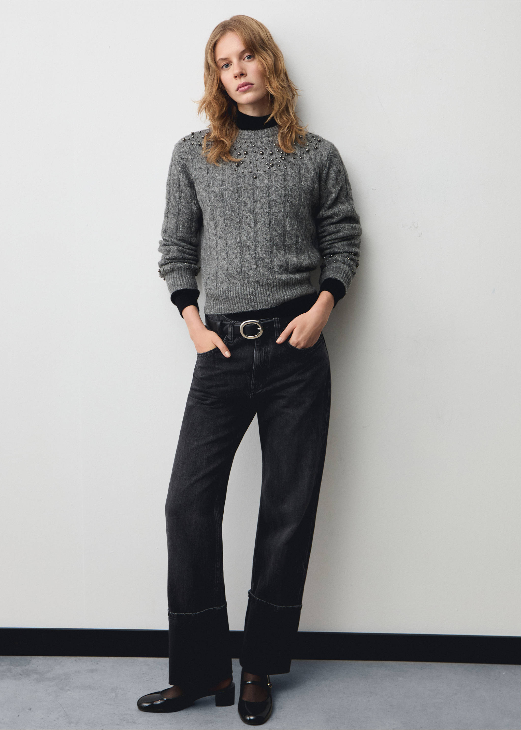 Braided sweater with bead detail - General plane, Grey. Ref: 77029057-00.