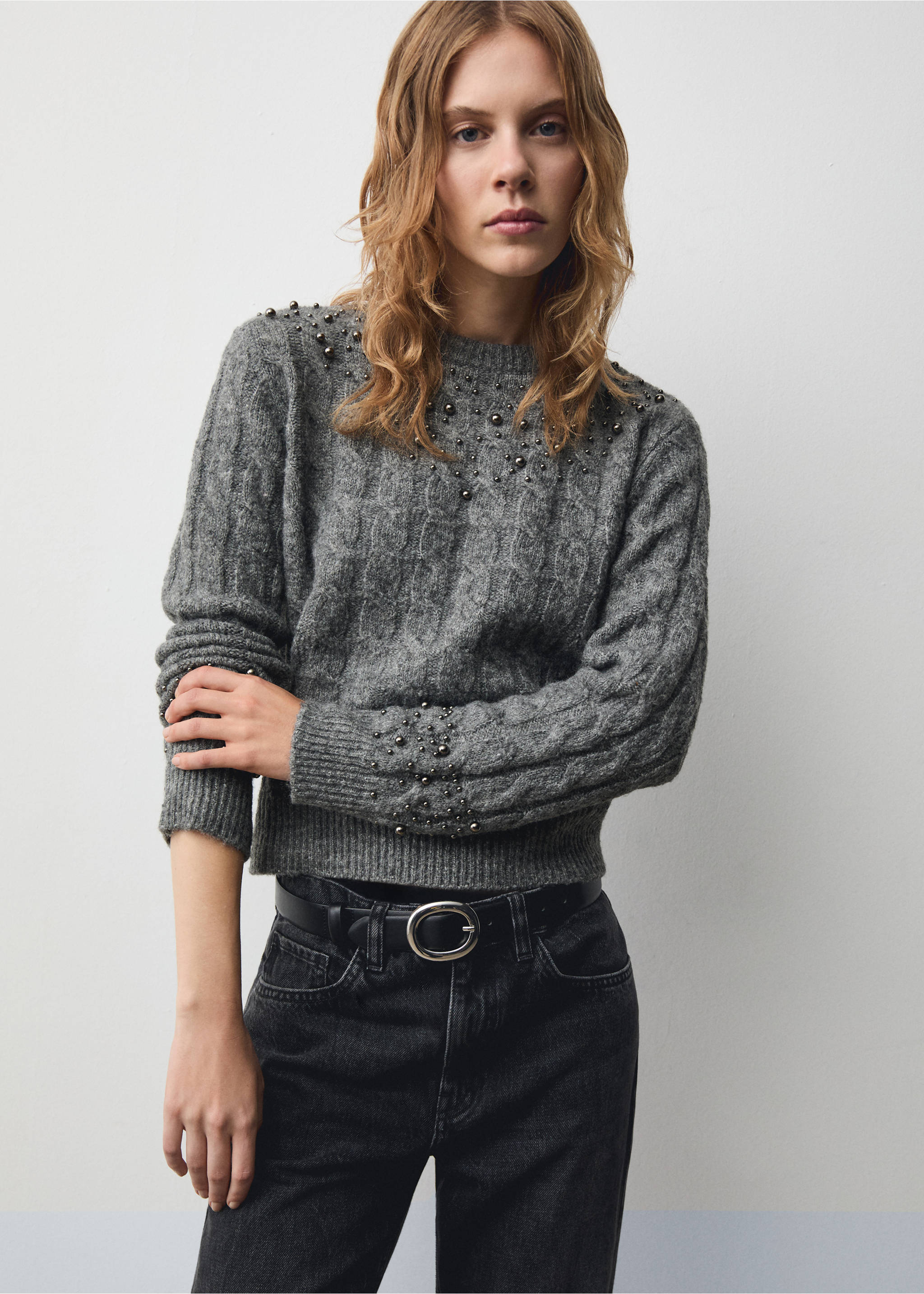 Braided sweater with bead detail - Medium plane, Grey. Ref: 77029057-00.