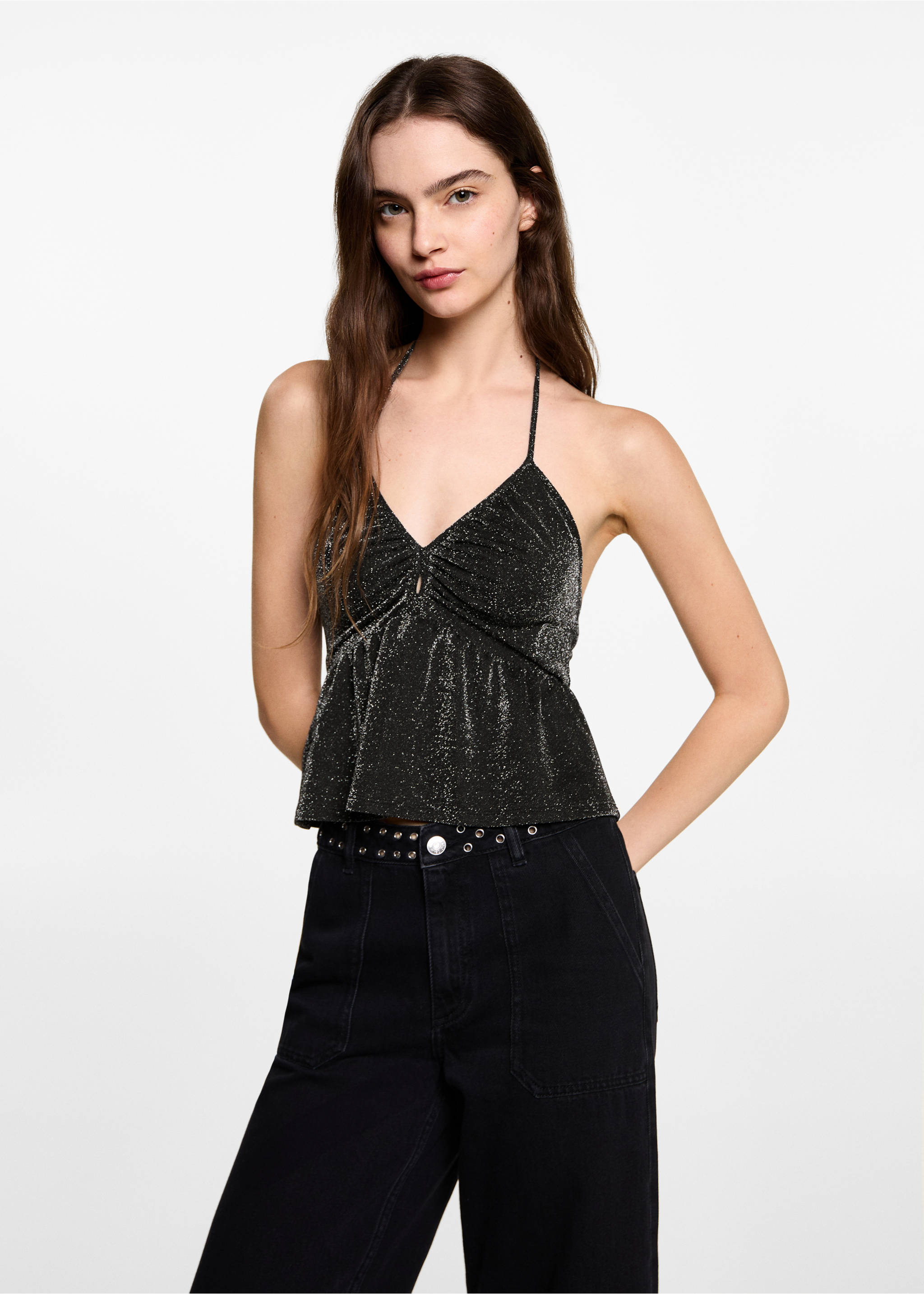 Lurex-knit halter top - Medium plane, Black. Ref: 77029067-00.
