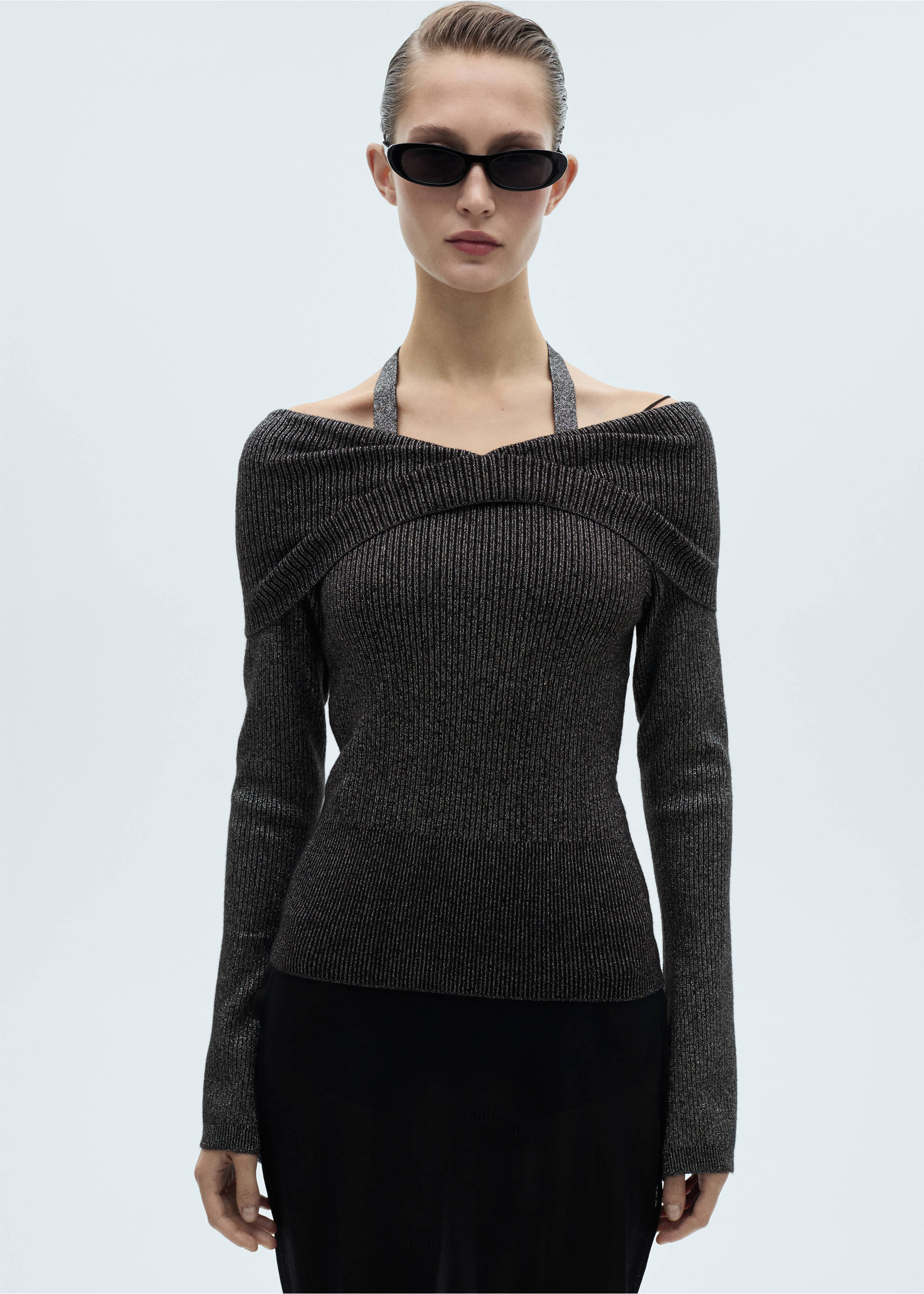 Lurex sweater with bare shoulders - Medium plane, Grey. Ref: 77029406-00.