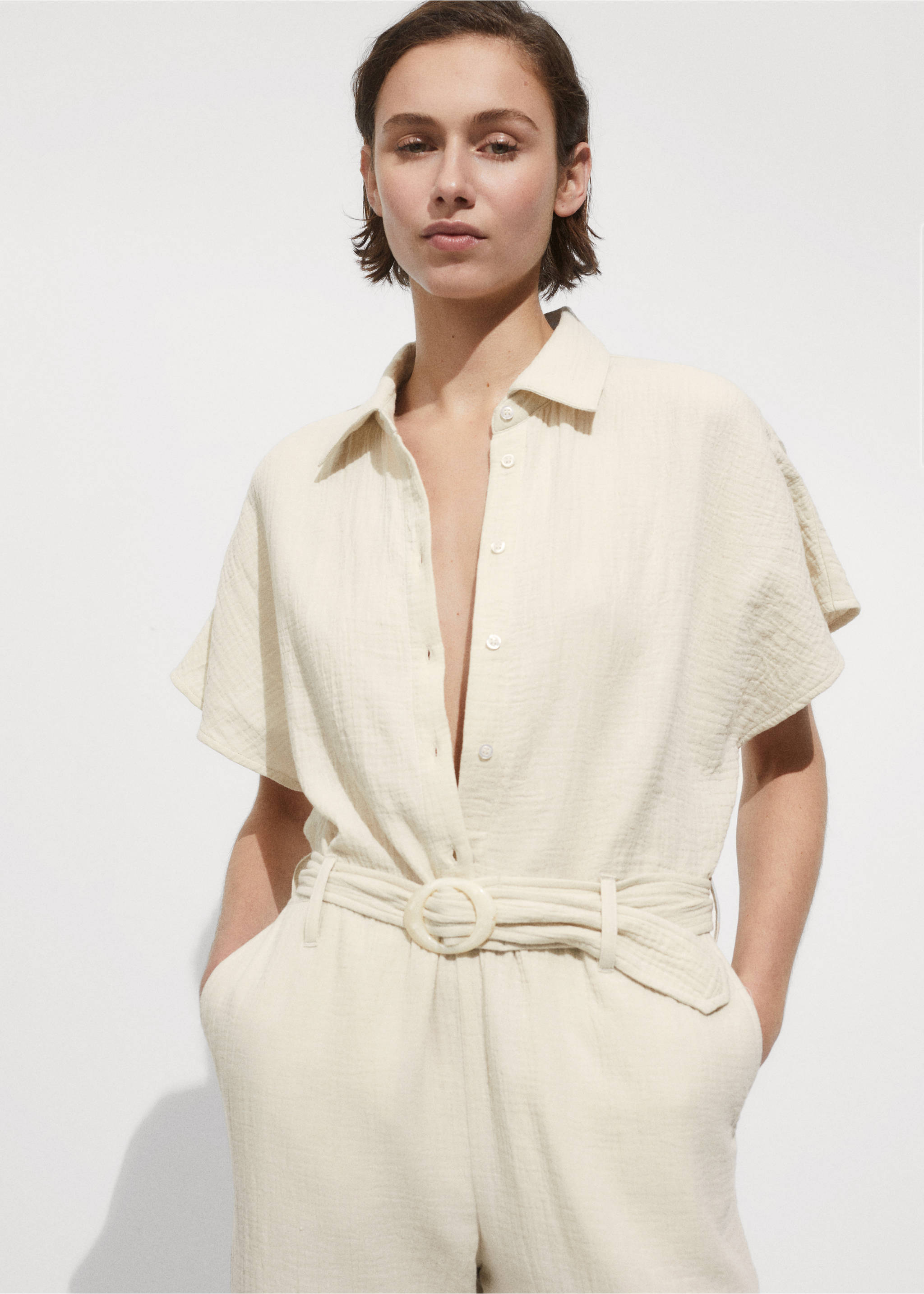 Belt long jumpsuit - Medium plane, Ecru. Ref: 77030333-00.