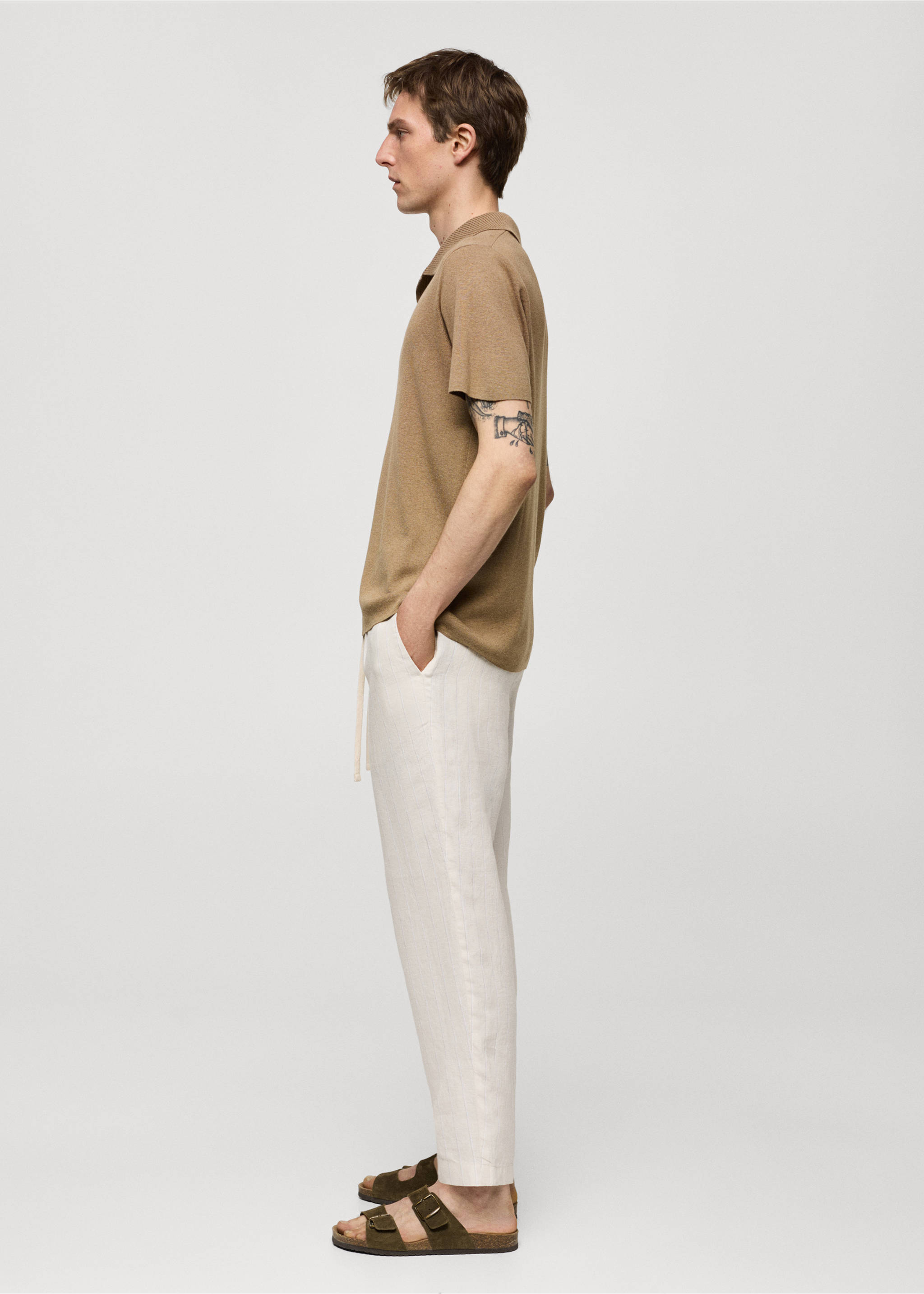 100% linen striped trousers with drawstring - Details of the article 2, Off White. Ref: 77030564-00.