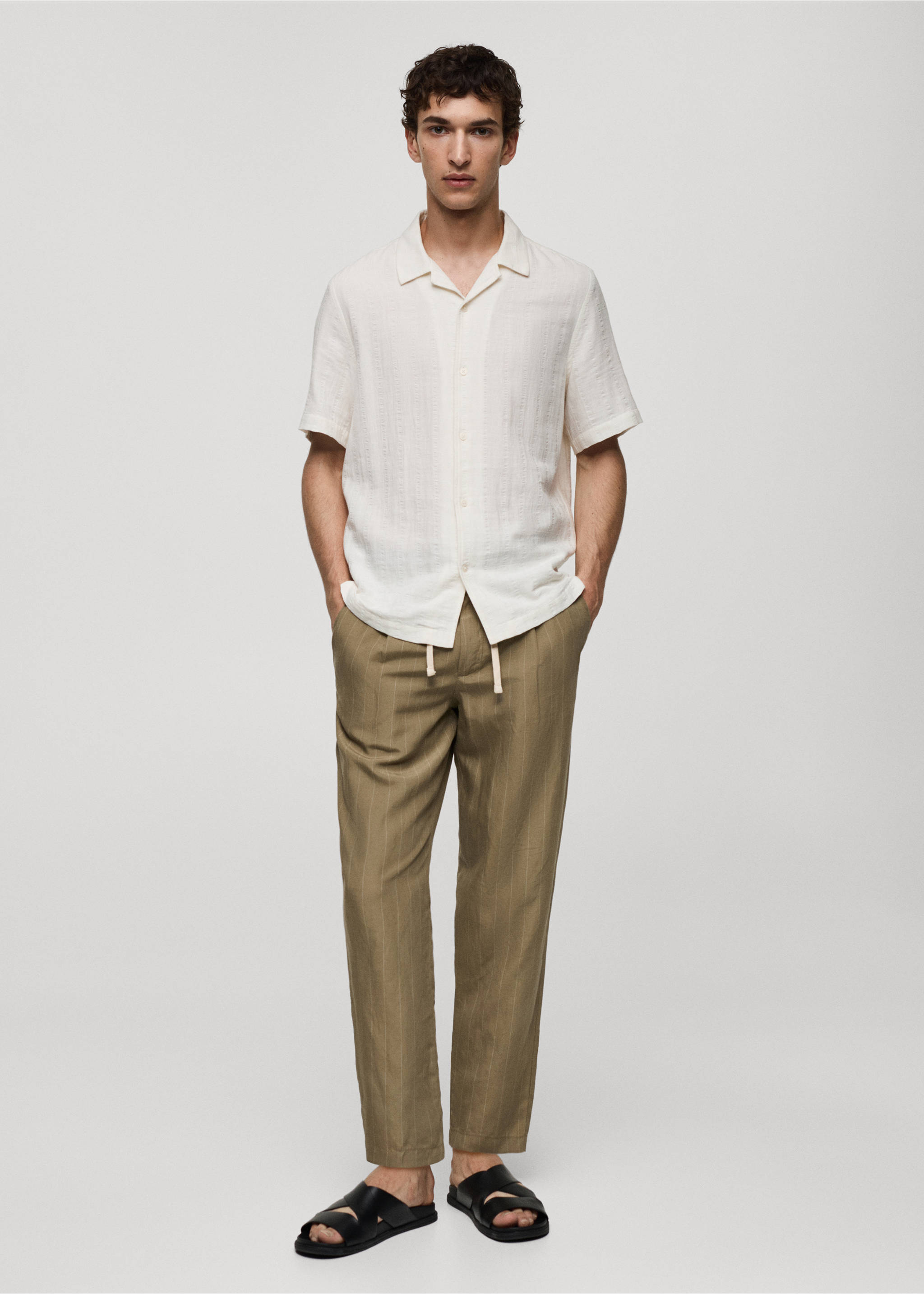 Linen-blend striped trousers with drawstring - General plane, Khaki. Ref: 77030566-00.