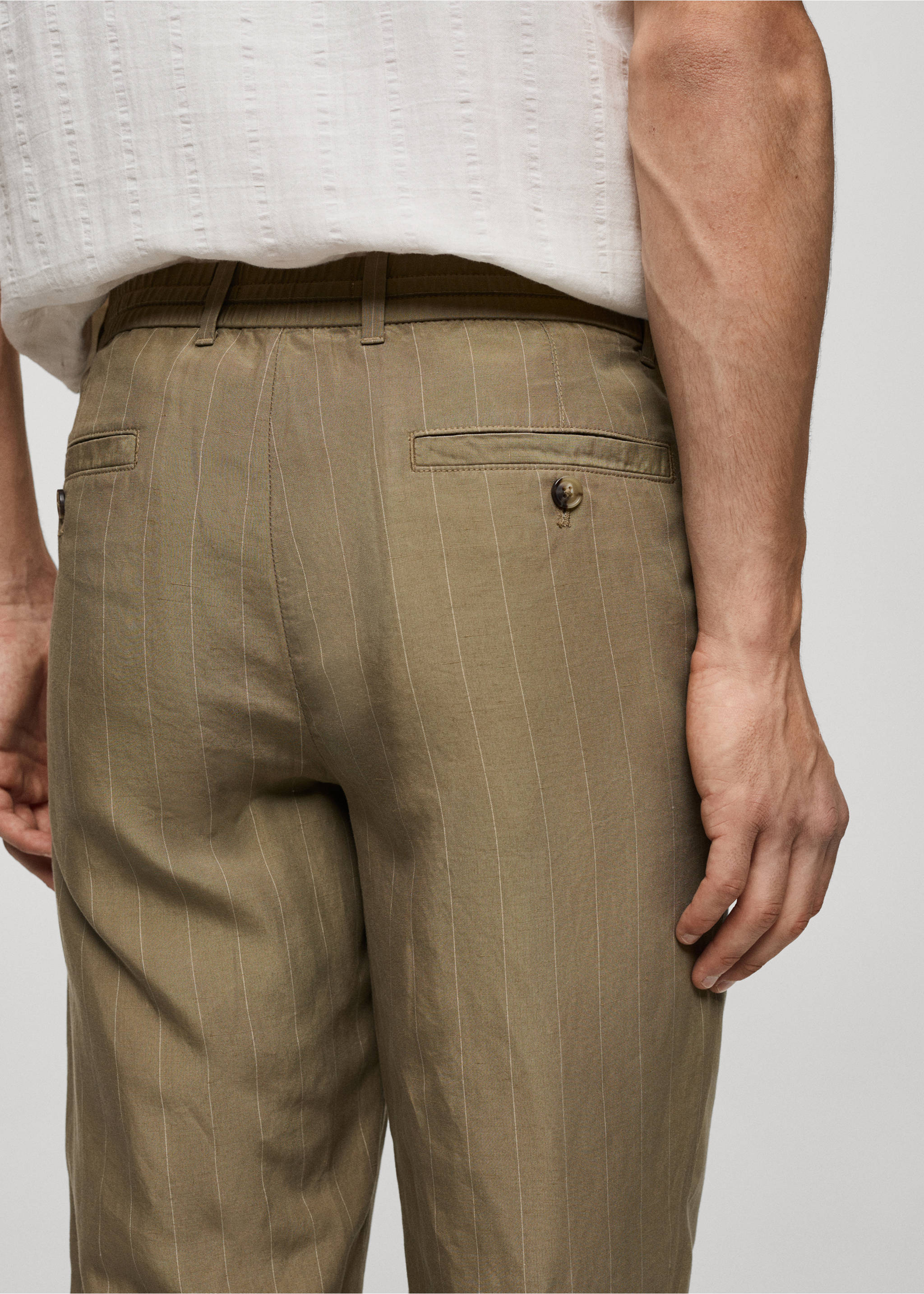 Linen-blend striped trousers with drawstring - Details of the article 6, Khaki. Ref: 77030566-00.