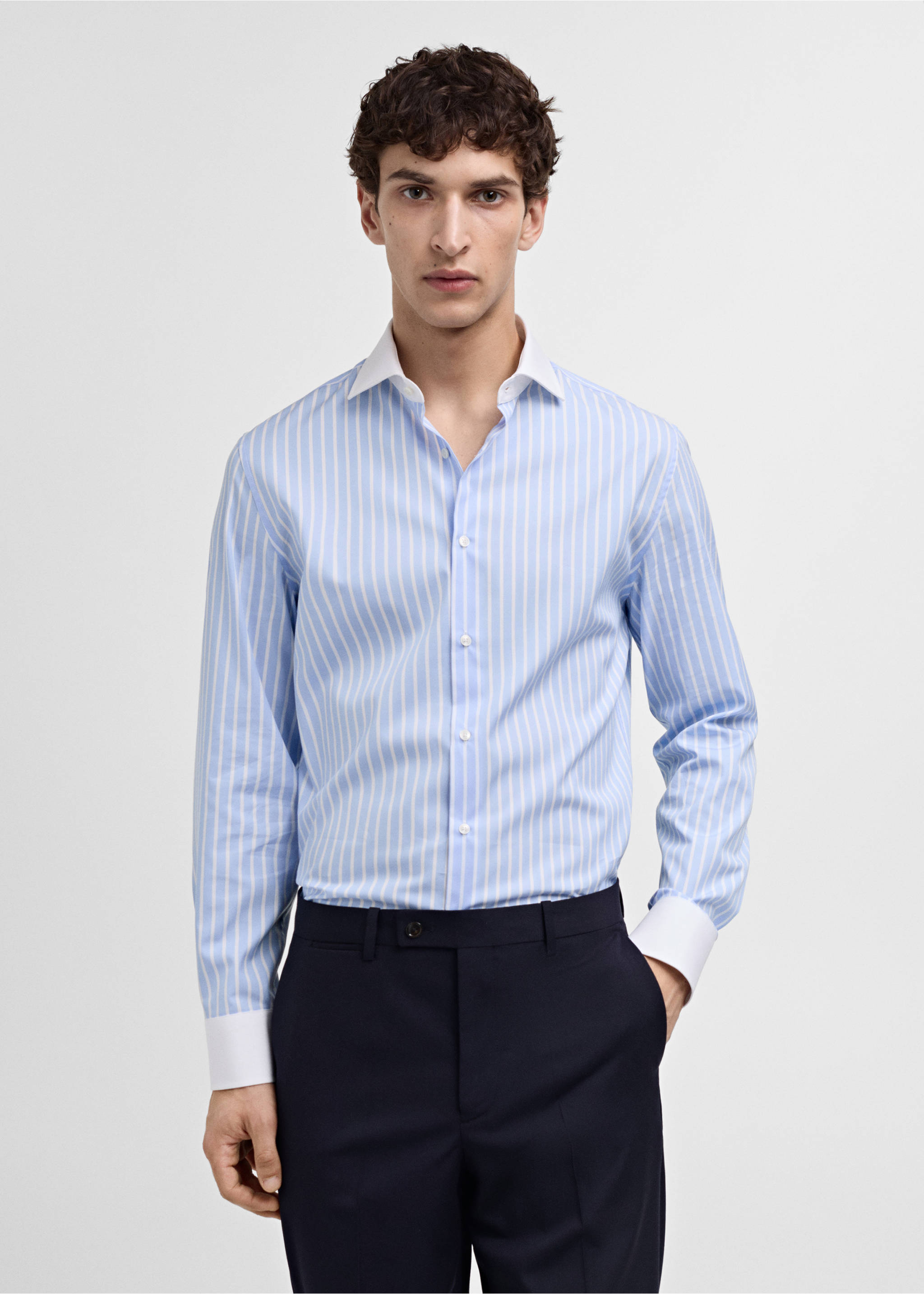 Striped-print slim-fit suit shirt - Medium plane, Sky Blue. Ref: 77030576-00.