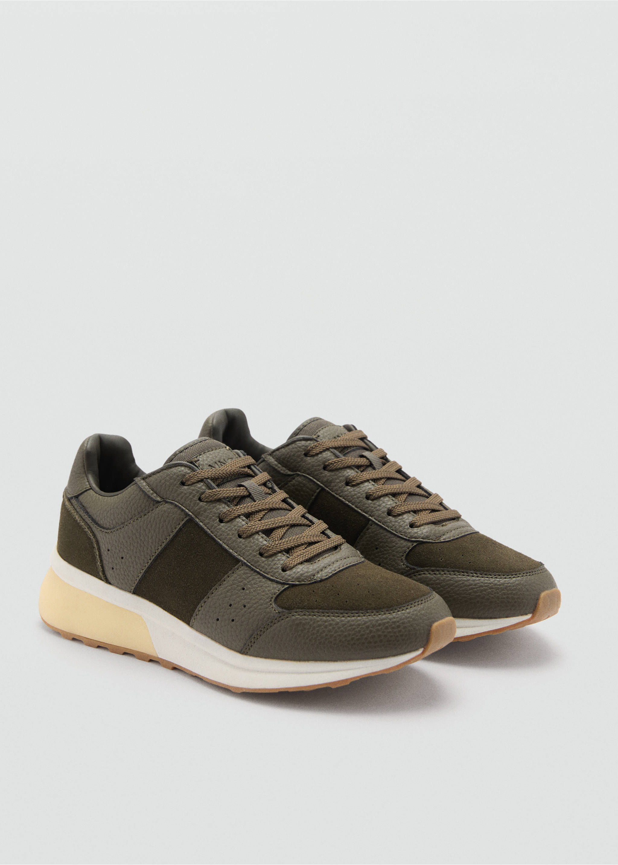 Kombinierte Leder-Sneakers - Mittlere Ansicht, Khaki. Ref: 77030595-00.