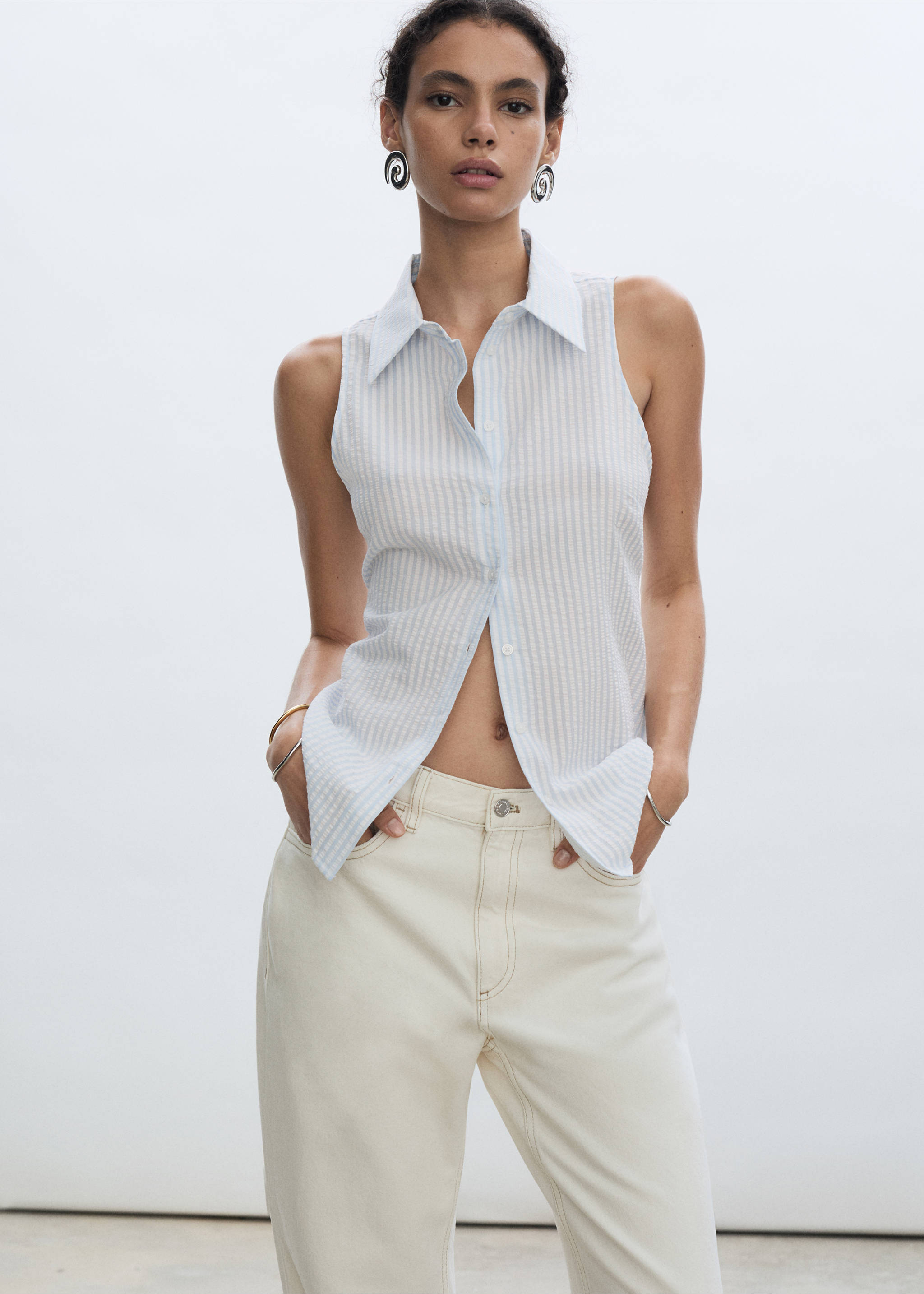 Striped textured shirt - Medium plane, Blue. Ref: 77032917-00.