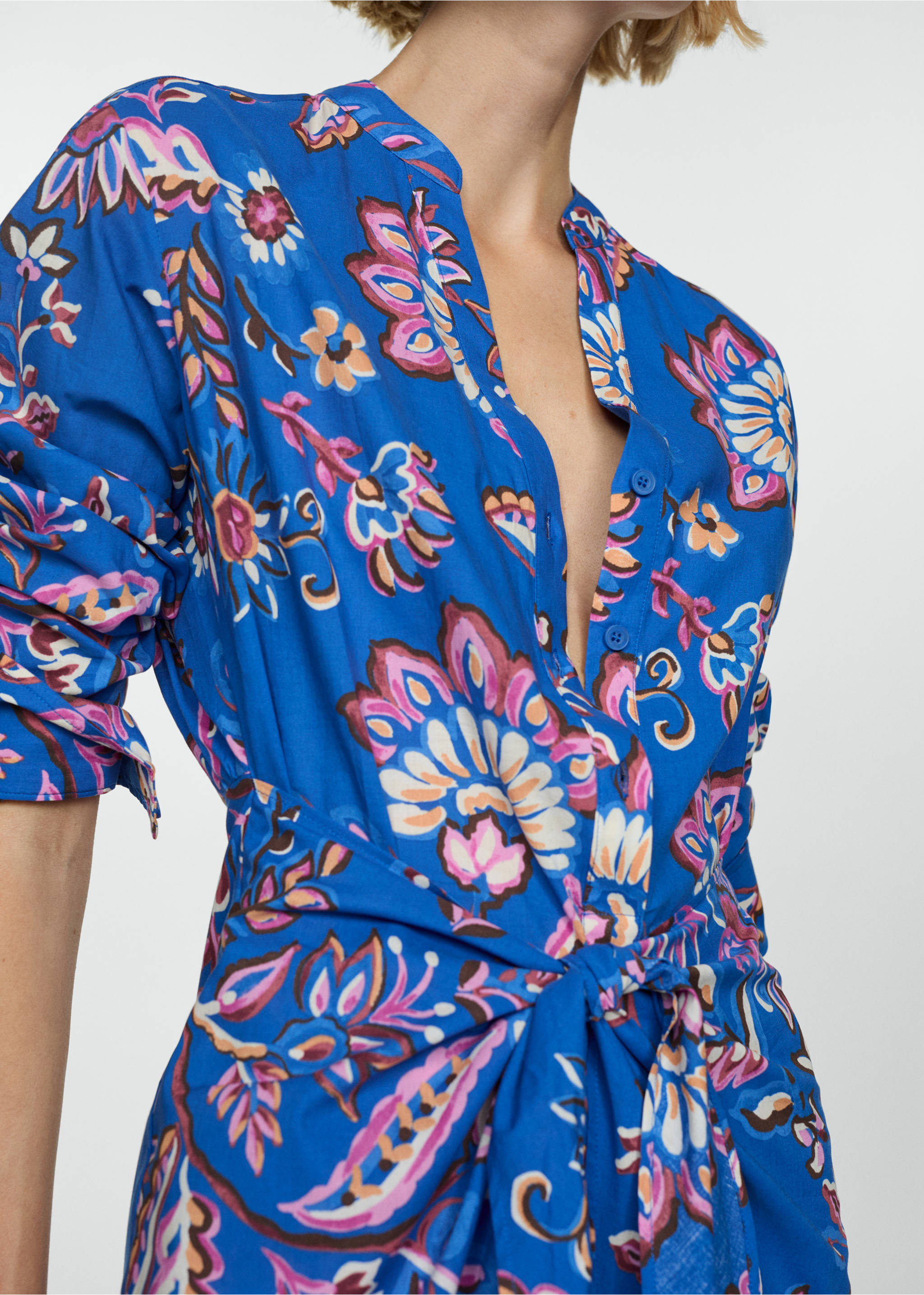 Floral print dress with bow - Medium plane, Blue. Ref: 77032924-00.
