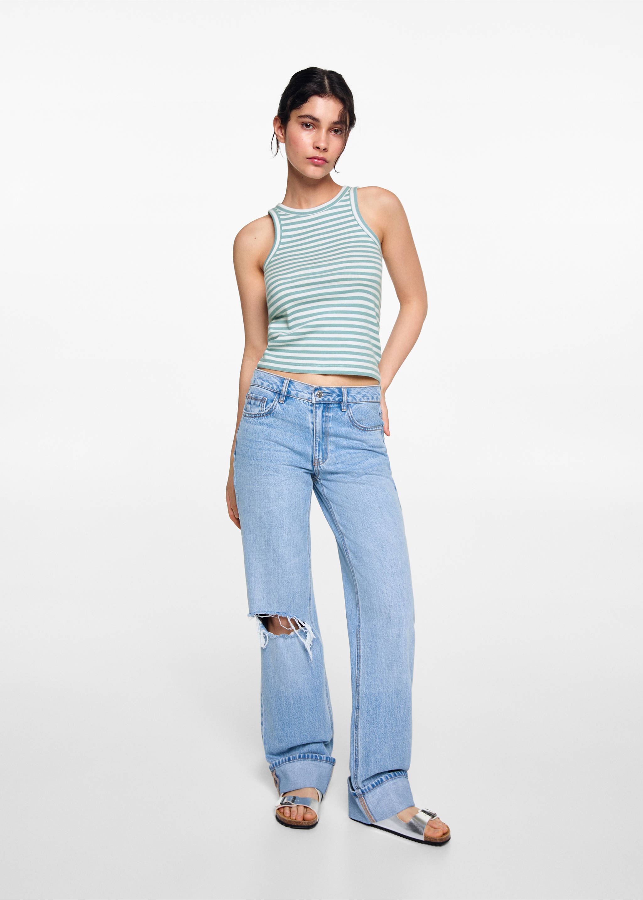 Top canalé algodón - Plano general, Verde menta. Ref: 77032936-00.