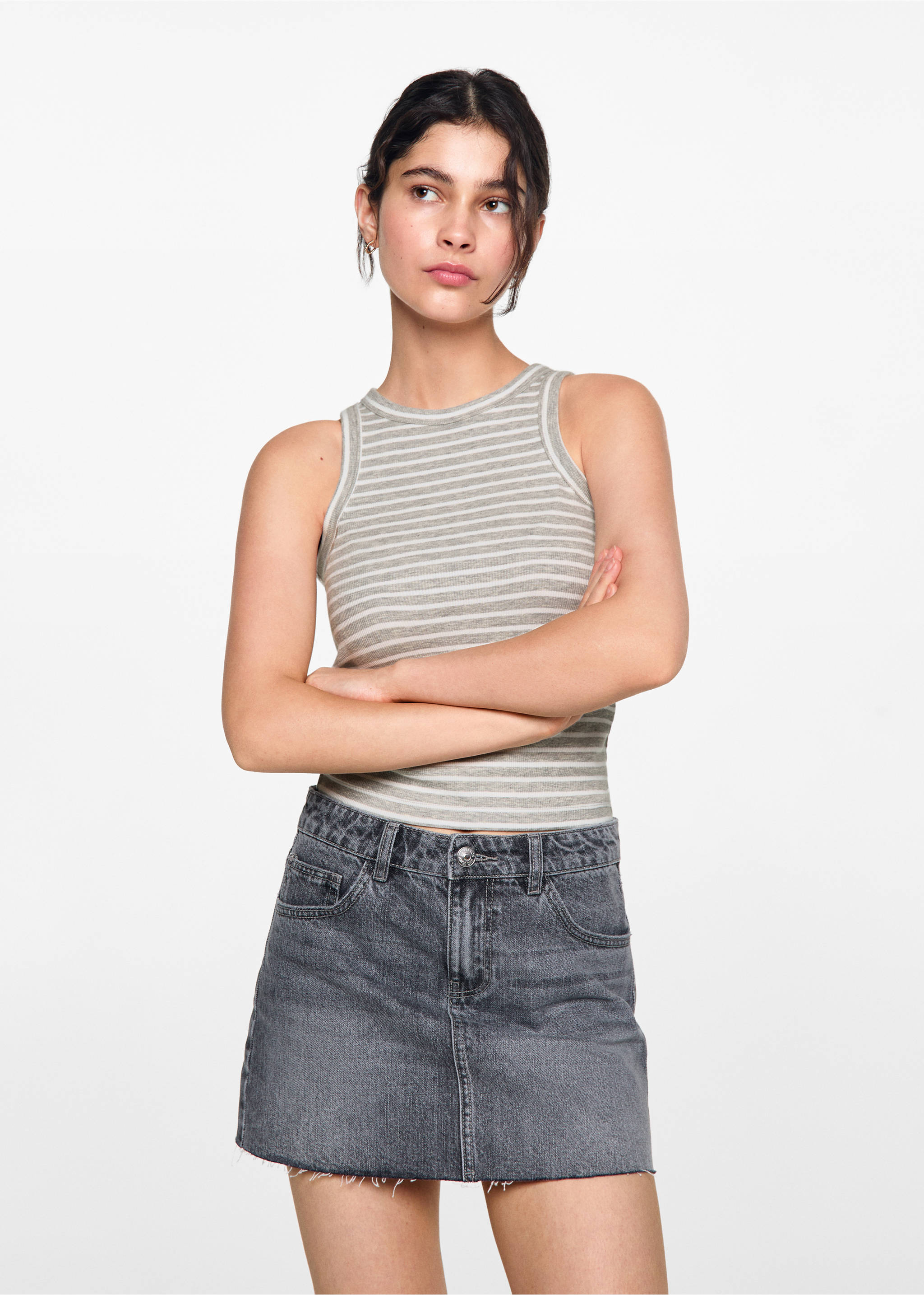 Top côtelé en coton - Plan moyen, Gris chiné clair. Ref: 77032936-00.