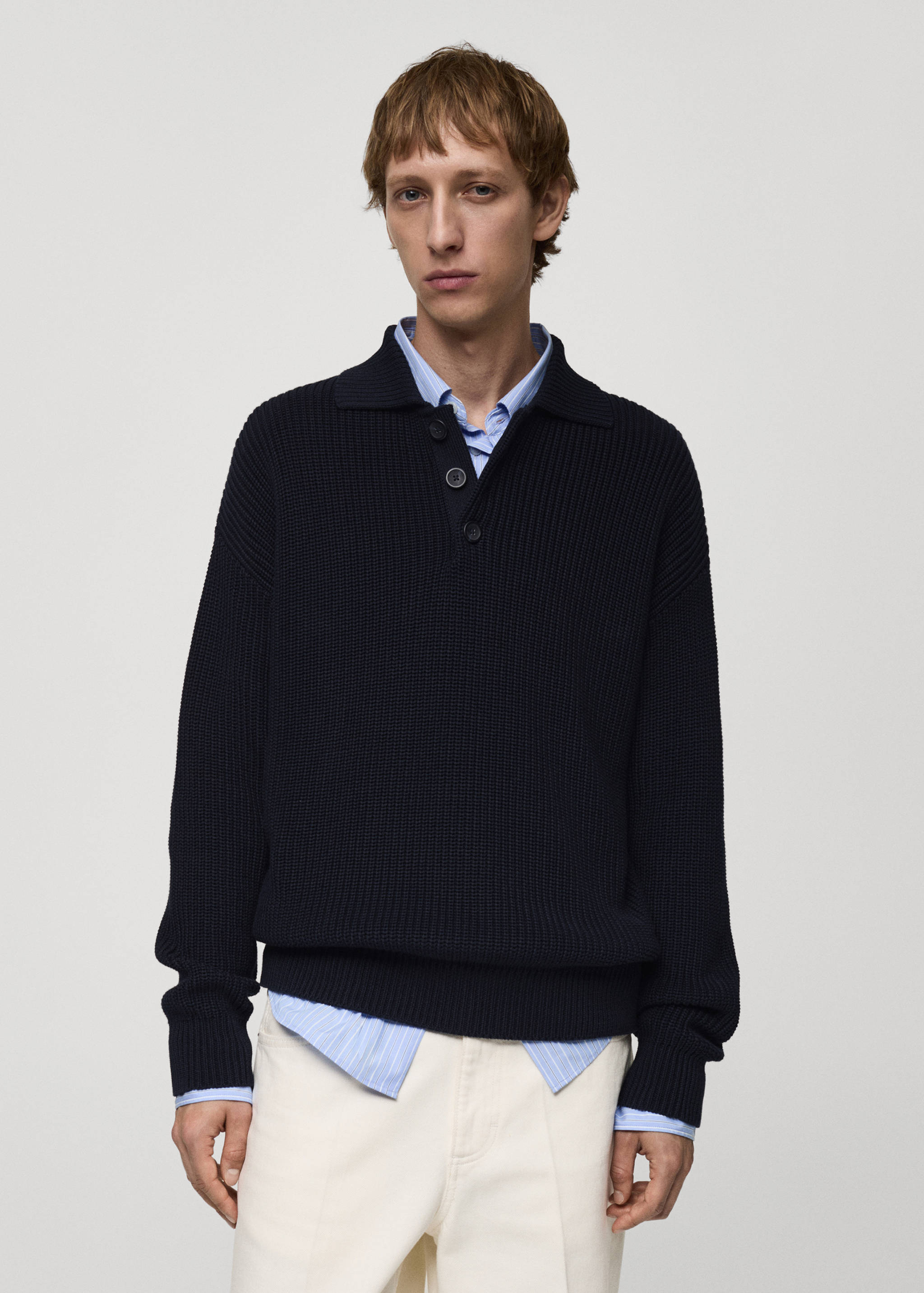 Pull-over polo maille épaisse côtelée - Plan moyen