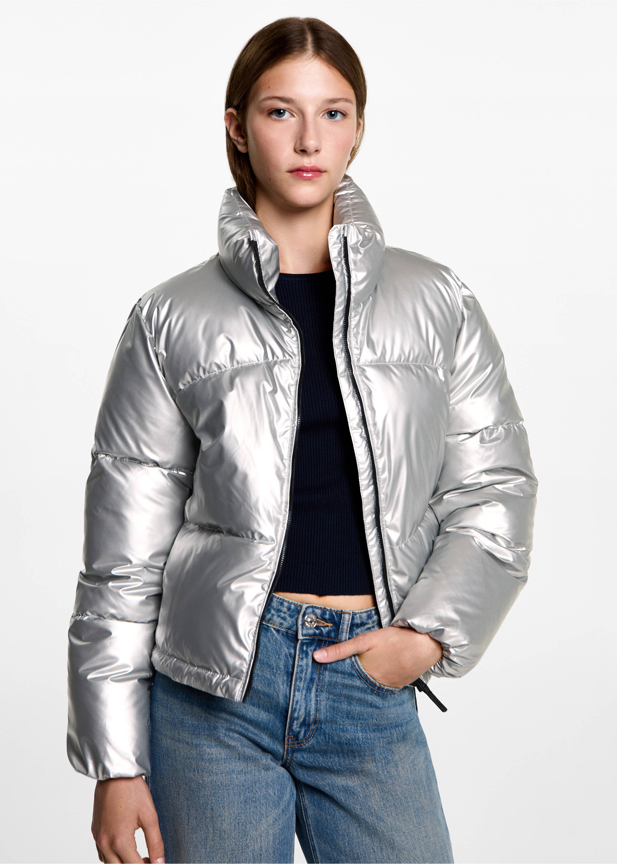 Steppanorak mit Metallic-Effekt - Mittlere Ansicht, Silber. Ref: 77035631-00.
