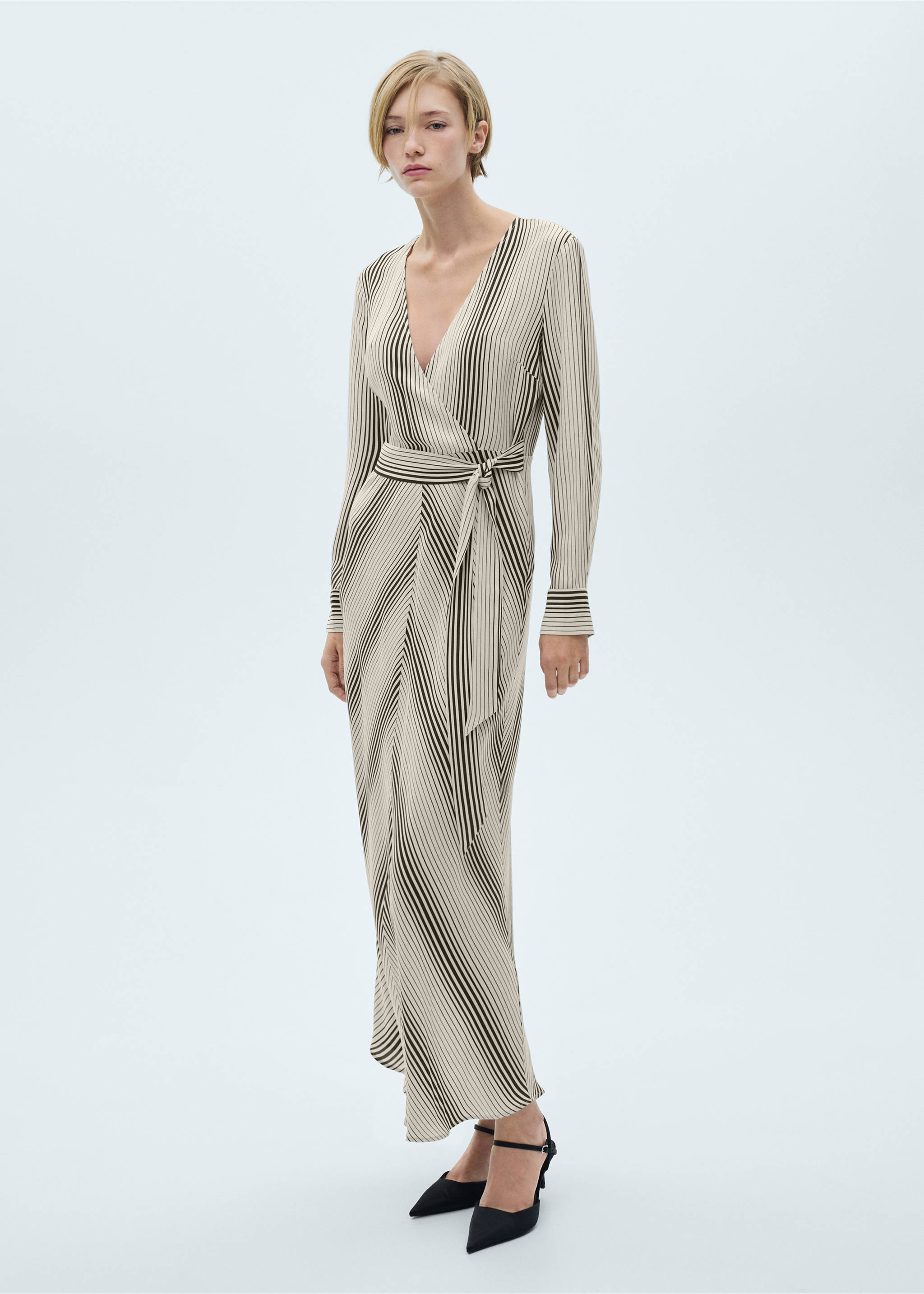 Stripe-print dress with bow - General plane, Ecru. Ref: 77035647-00.