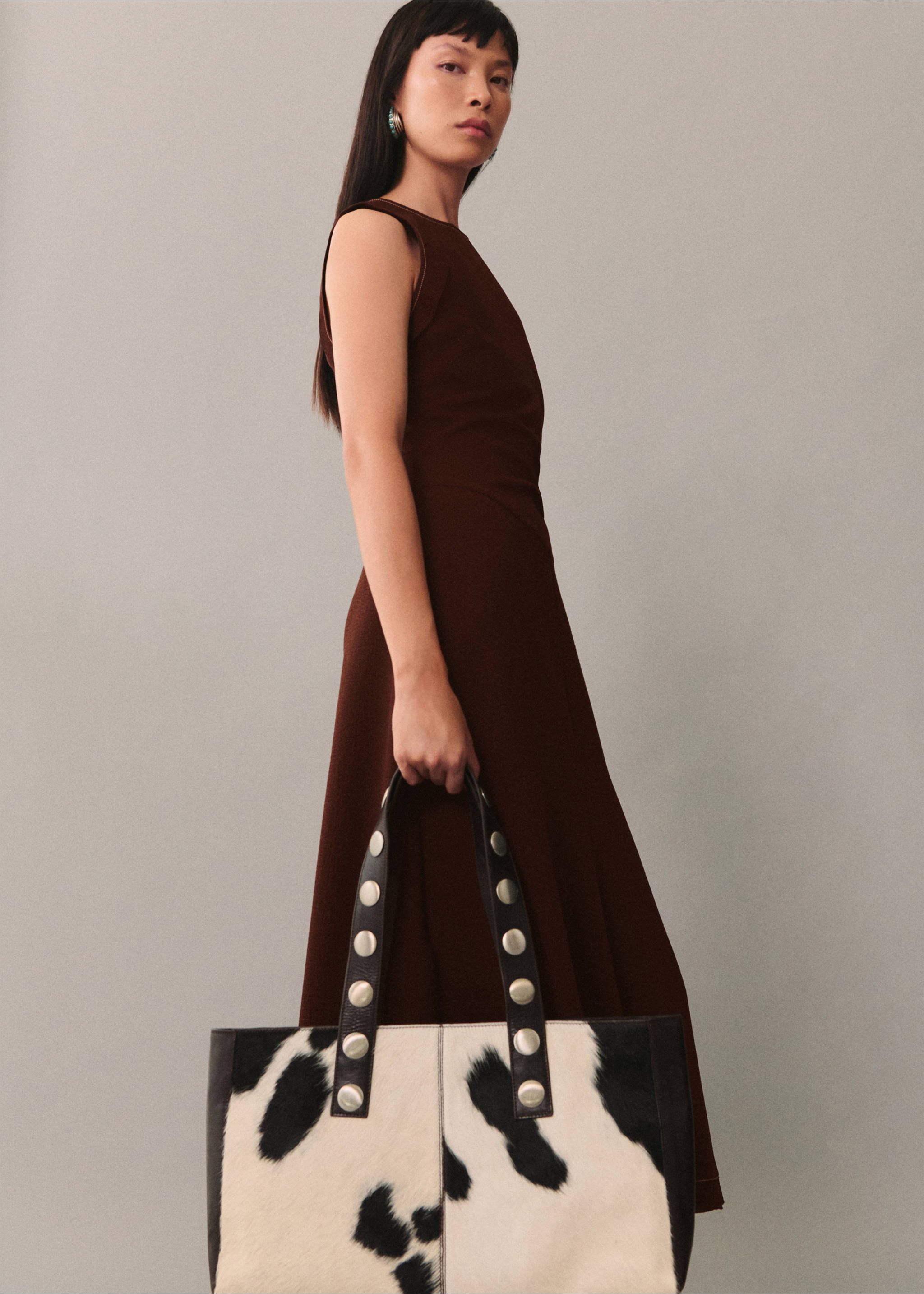 Robe midi coutures décoratives - Plan moyen, Marron. Ref: 77035650-00.