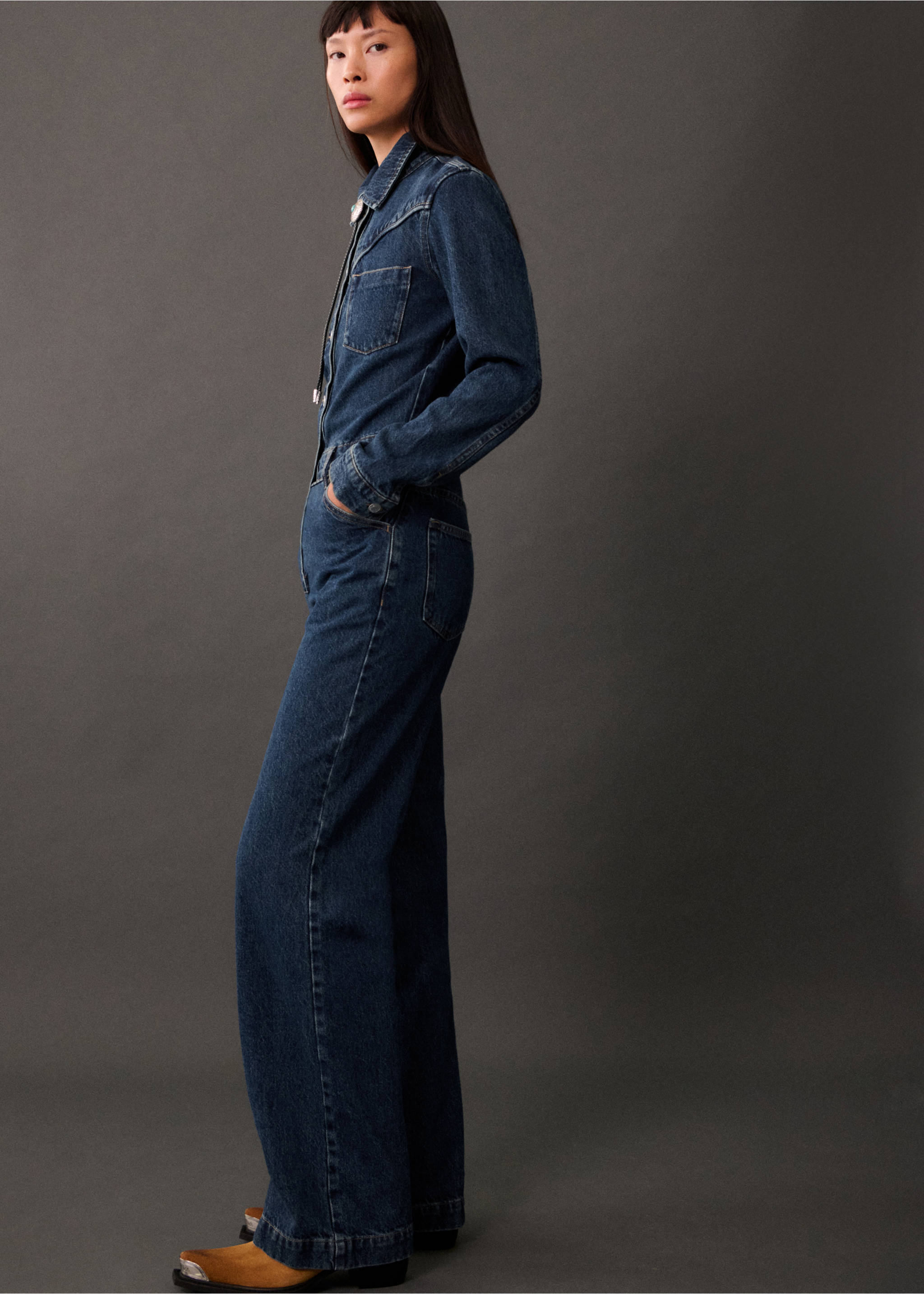 Long denim jumpsuit - General plane, Dark Blue. Ref: 77035668-00.