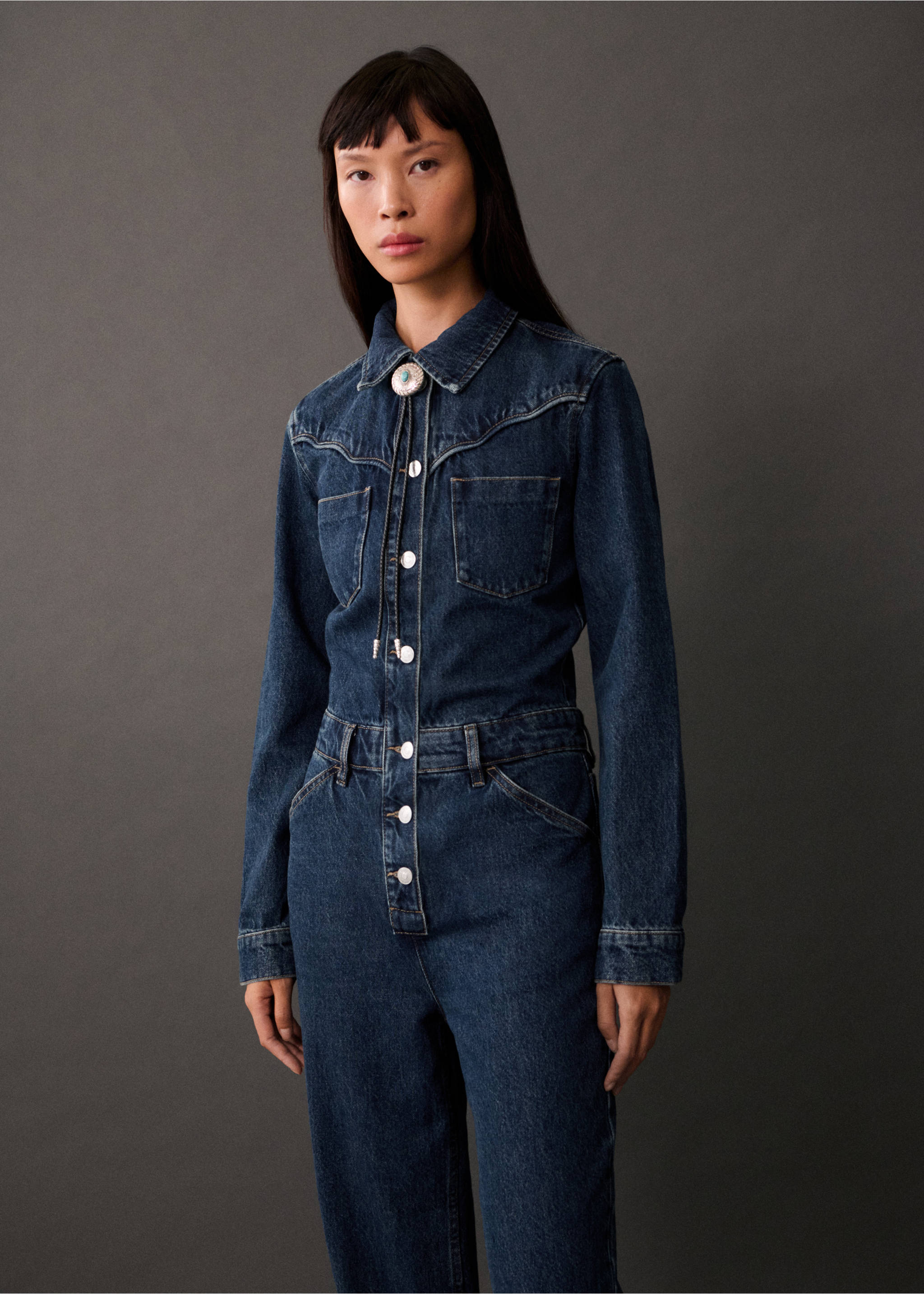 Long denim jumpsuit - Medium plane, Dark Blue. Ref: 77035668-00.