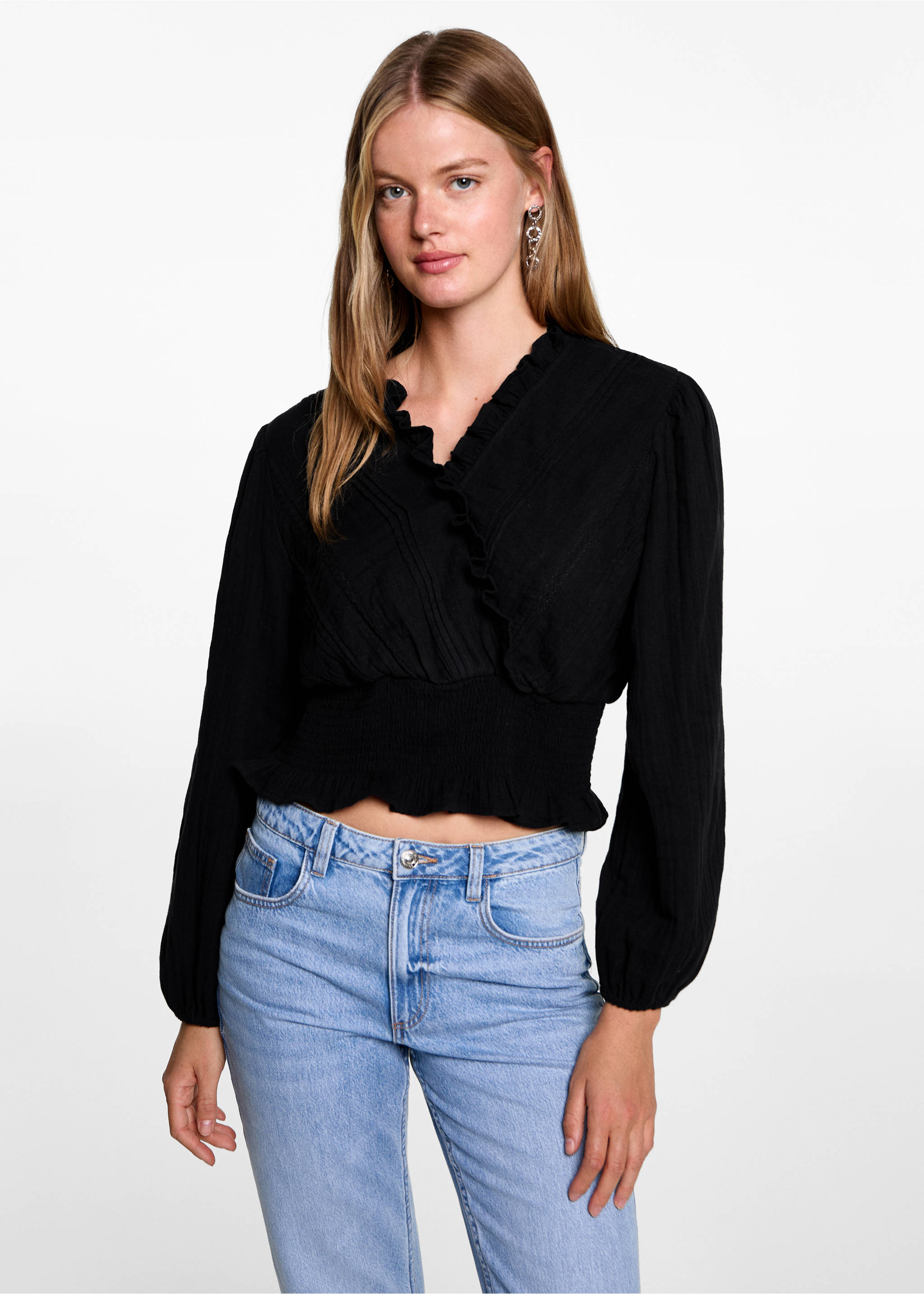 Wrap V-neckline blouse - Medium plane, Black. Ref: 77036001-00.