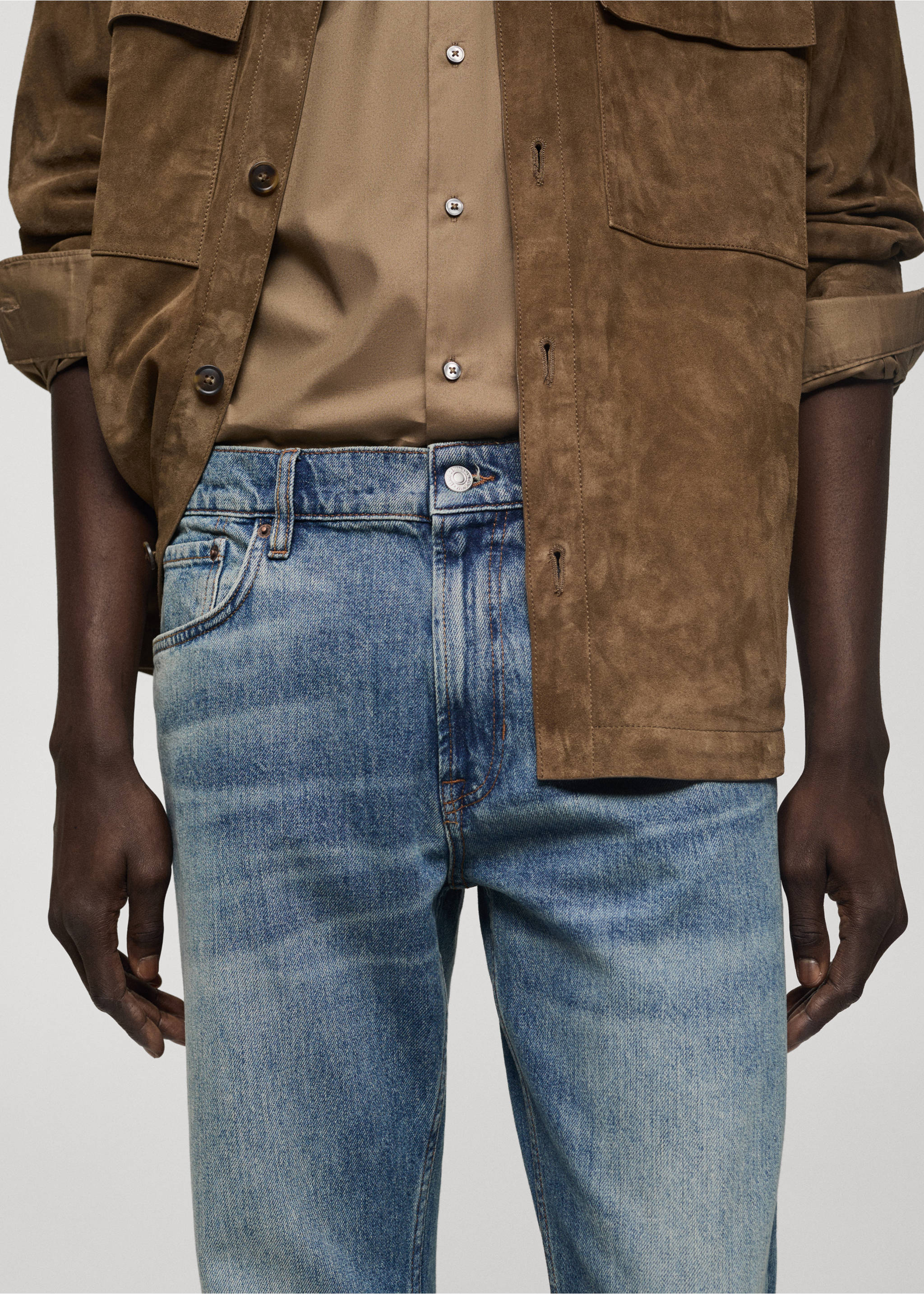 Straight-fit jeans with frayed effect - Details of the article 1, Medium Vintage Blue. Ref: 77036003-00.