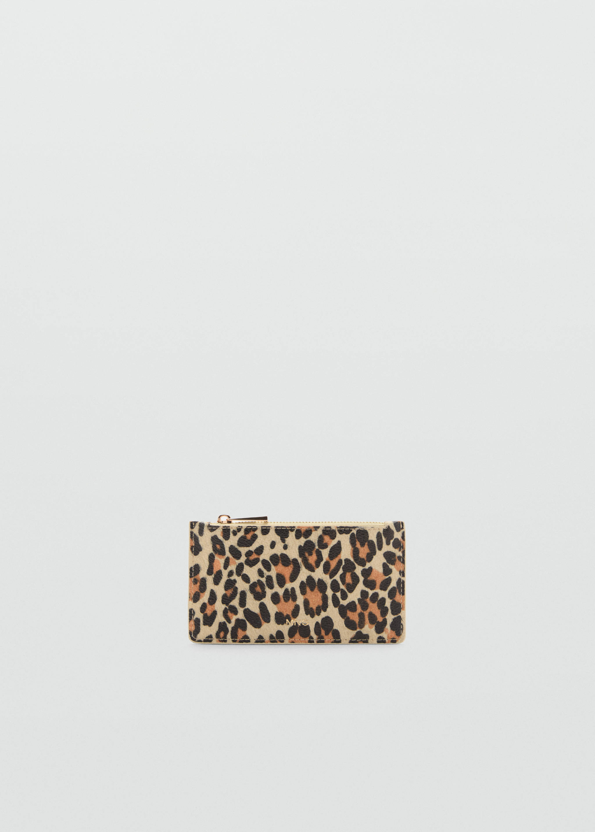 Leopard print coin purse with a top zip closure.