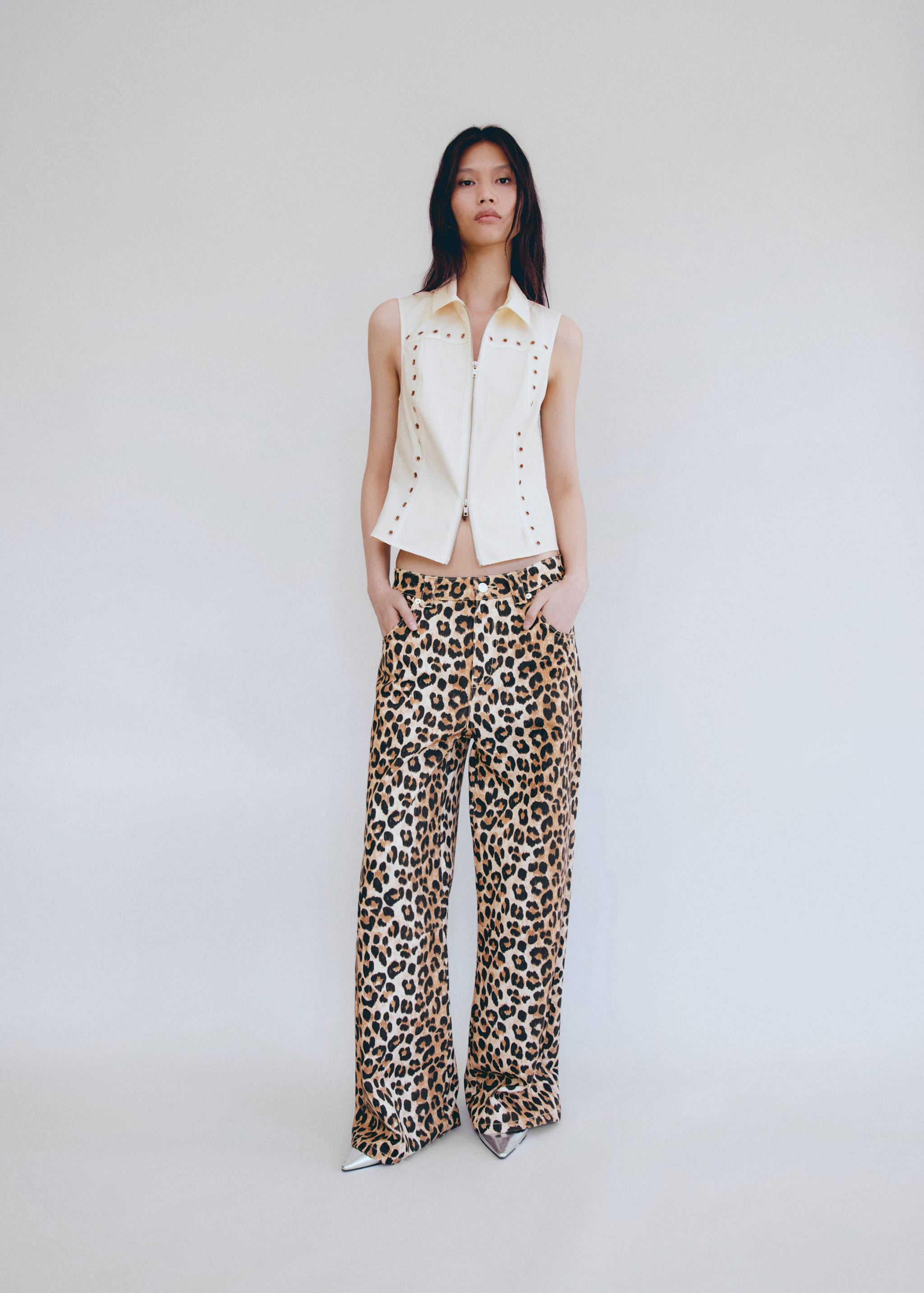 Leopard-print wide leg jeans - General plane