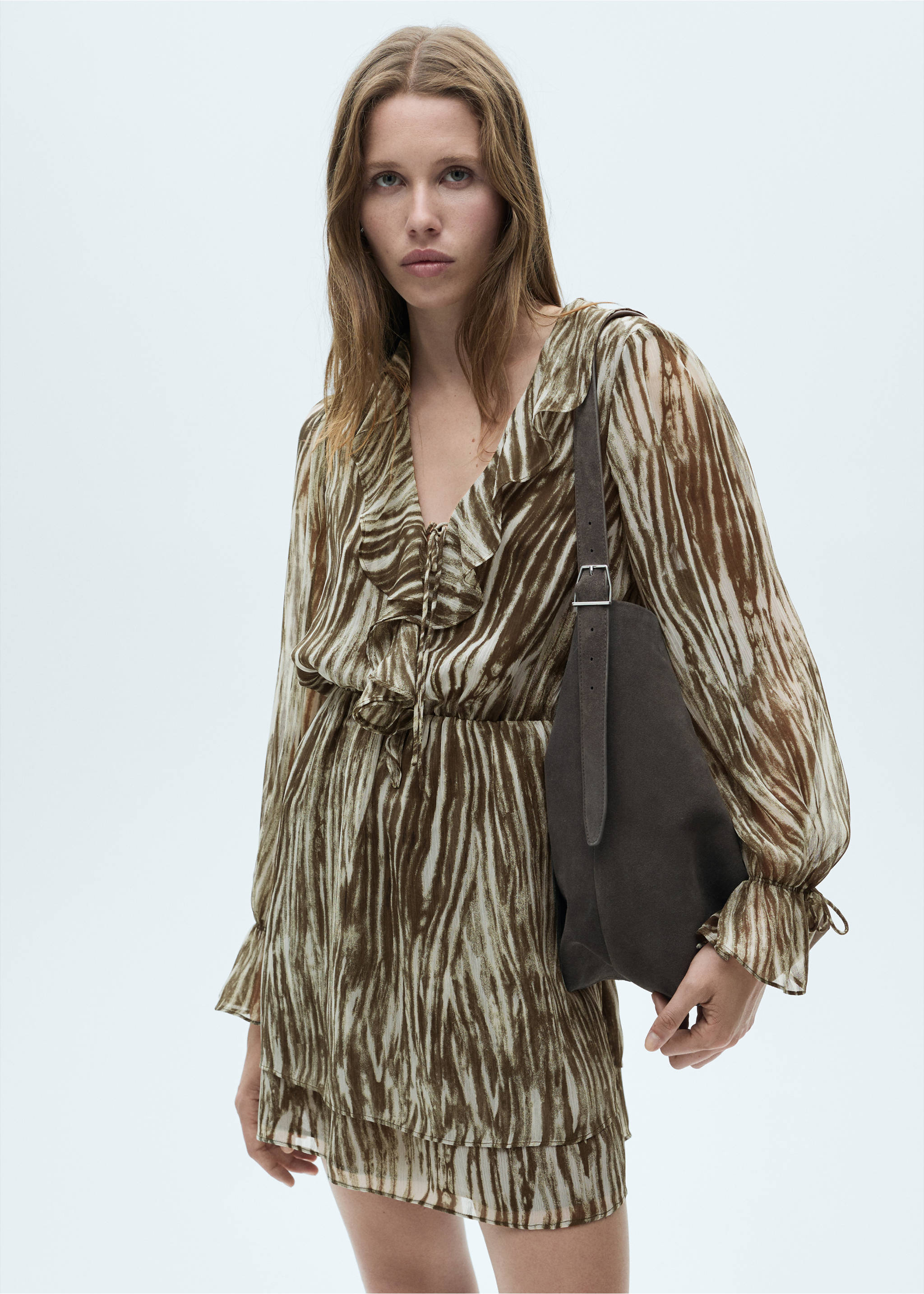 Vestido corto estampado volantes - Plano medio, Verde. Ref: 77037686-00.