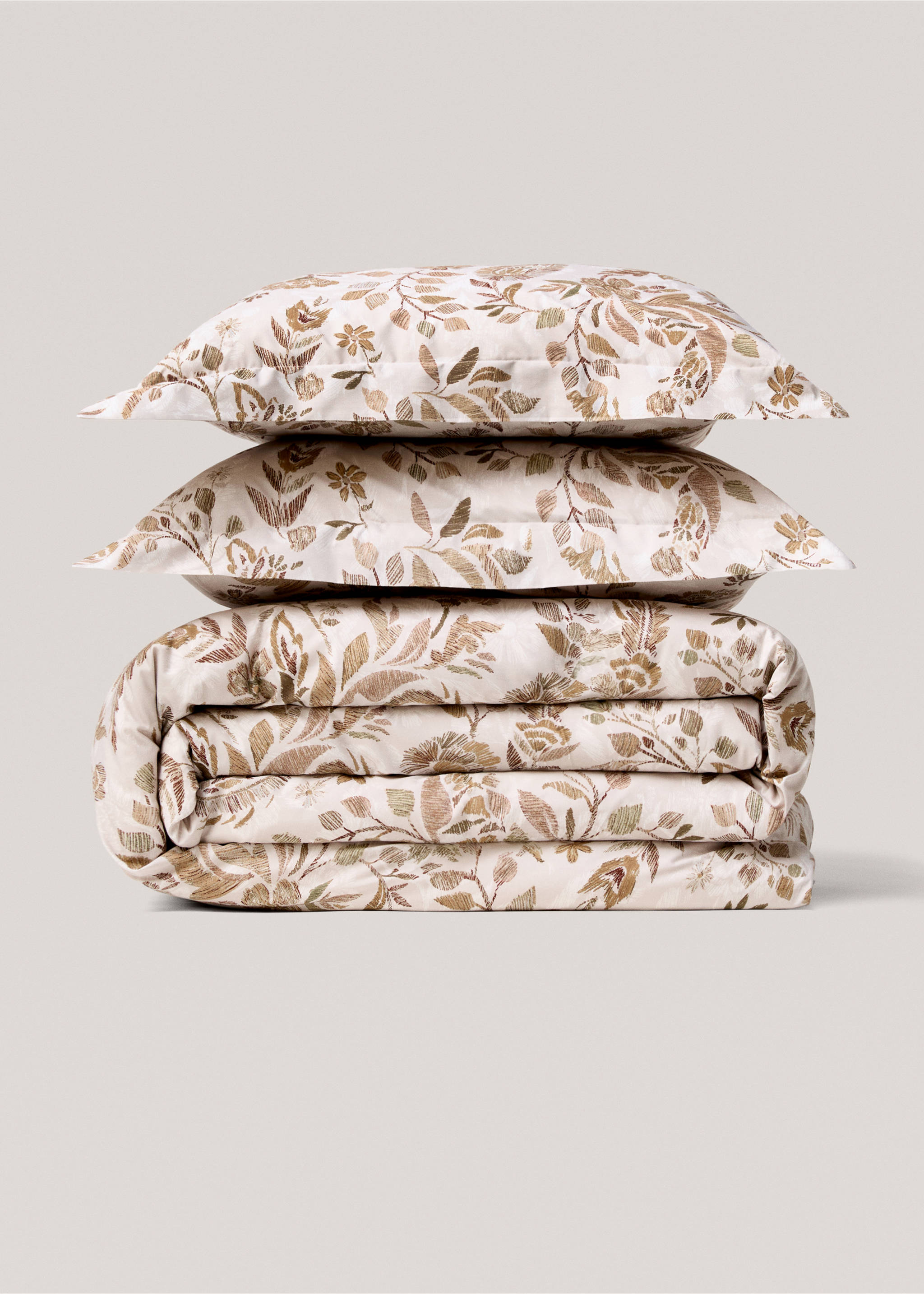 Percale cotton floral-print duvet cover for 150cm bed - Article without model, Beige. Ref: 77037704-00.