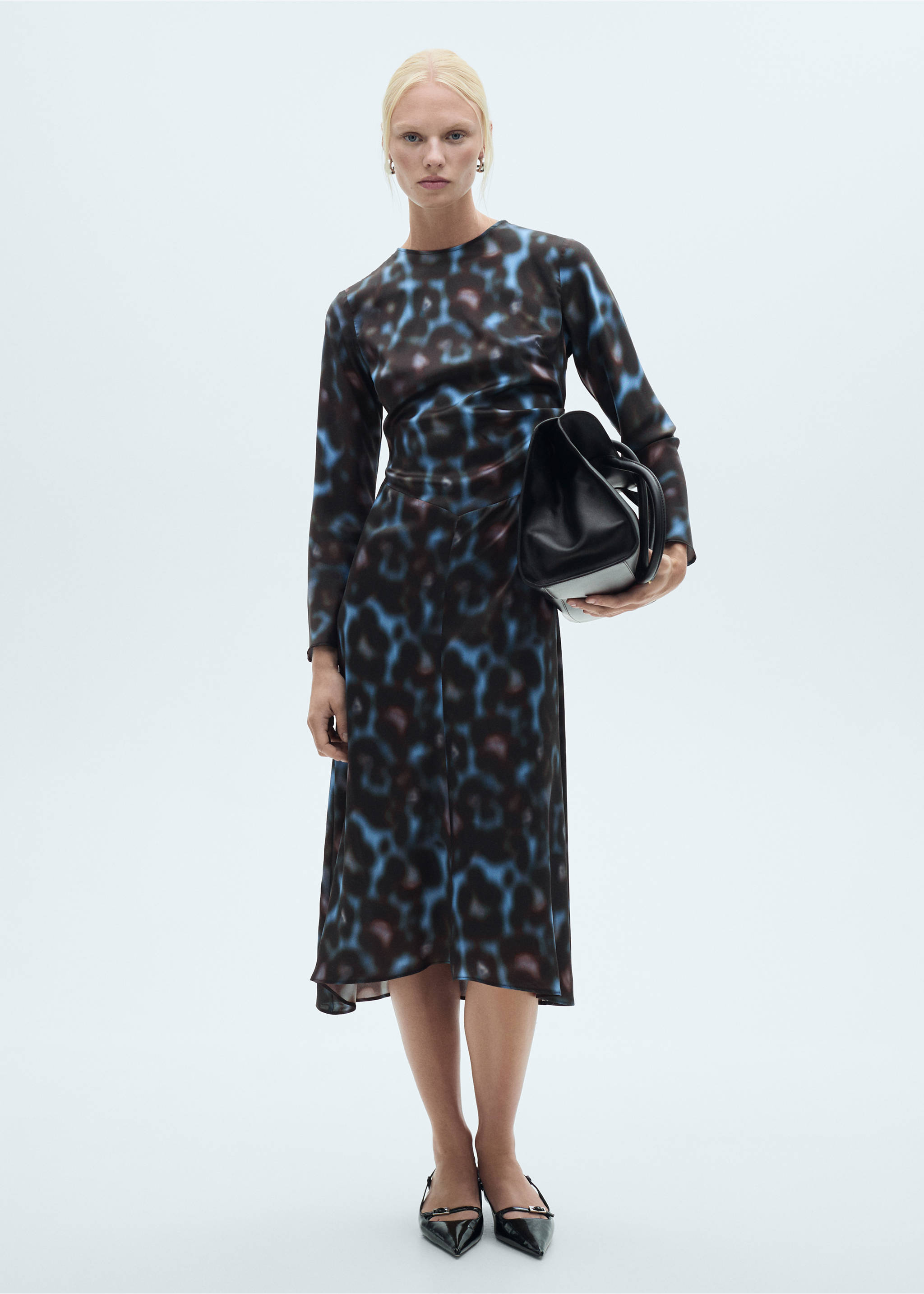 Printed draped satin dress - General plane, Blue. Ref: 77037719-00.