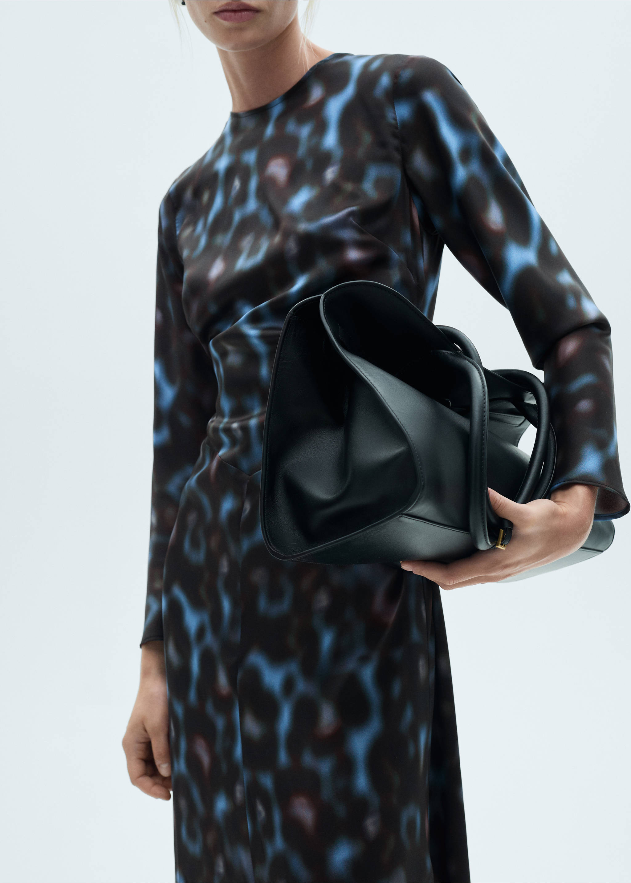 Printed draped satin dress - Medium plane, Blue. Ref: 77037719-00.