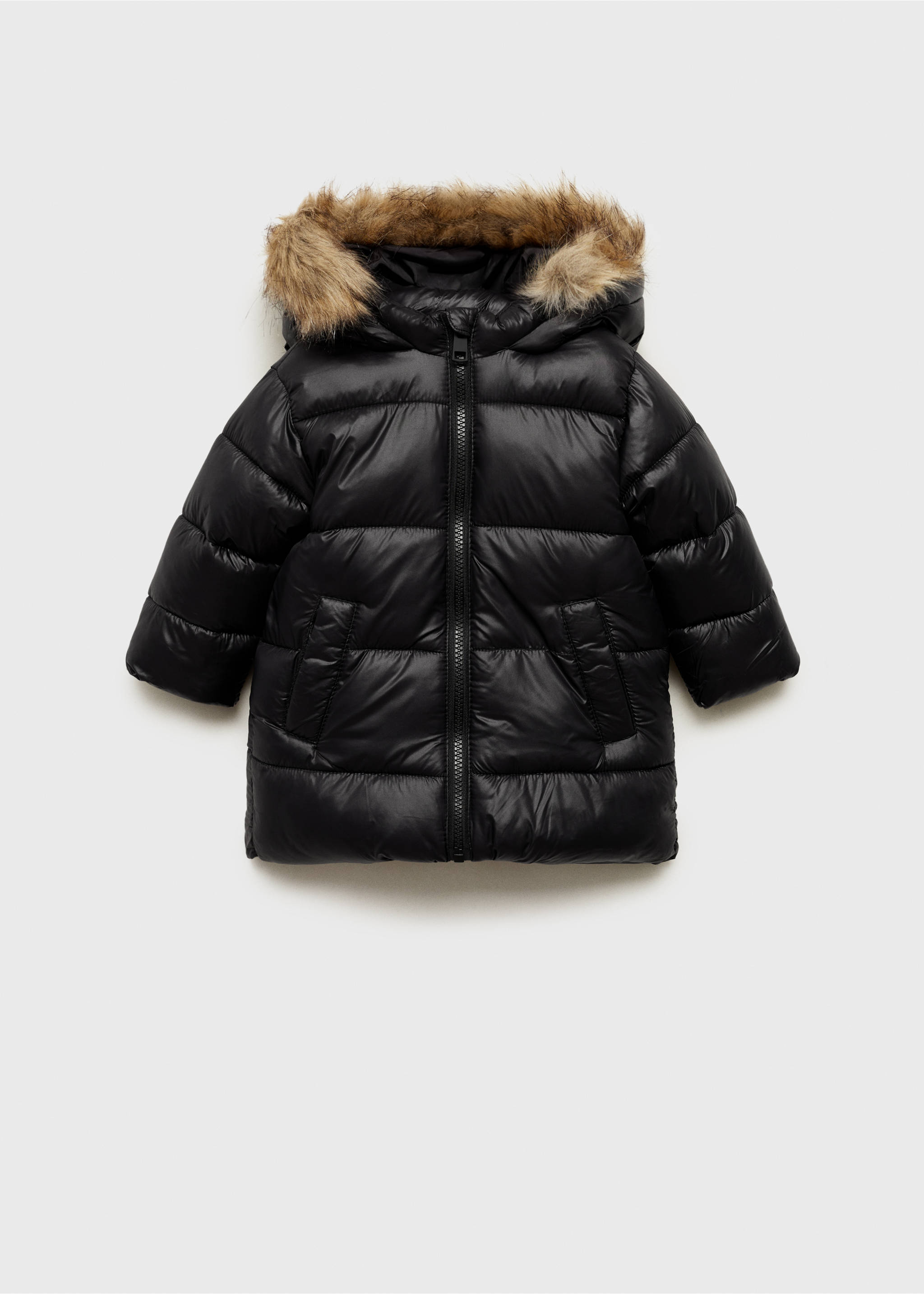 Puffer coat with fur-effect hood - Article without model, Black. Ref: 77037922-00.