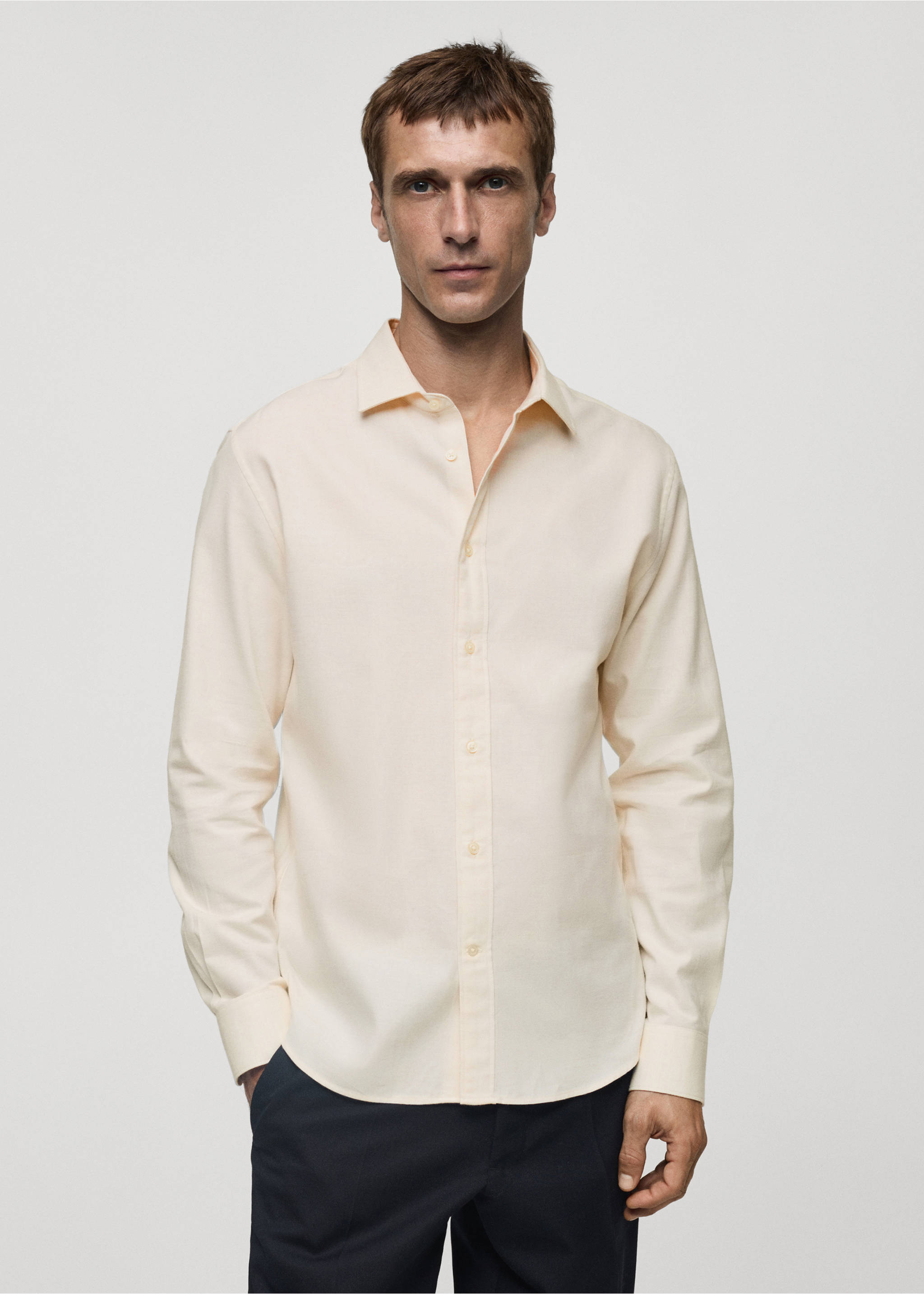 100% cotton flannel slim-fit shirt - Medium plane, Sand. Ref: 77037926-00.