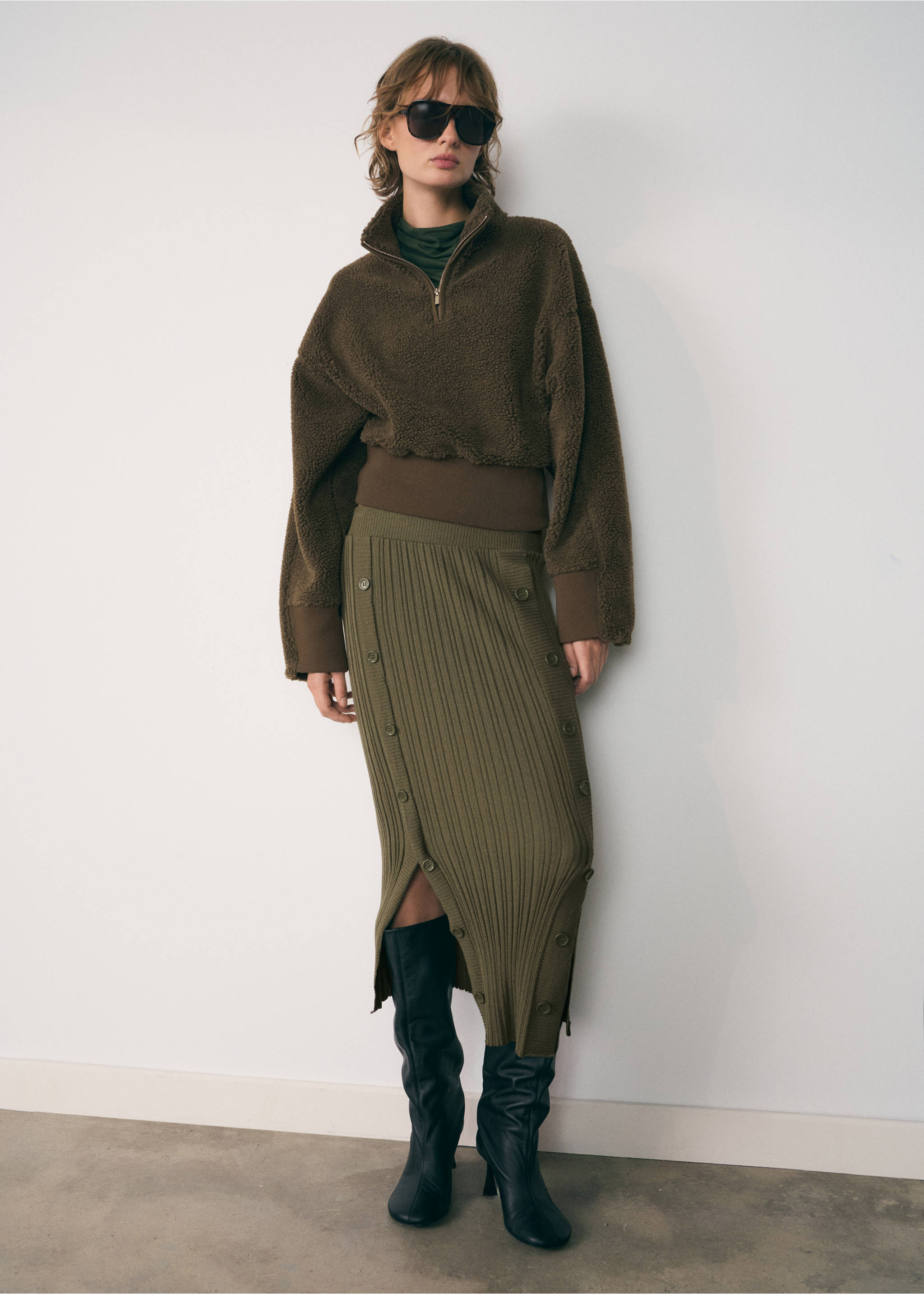 Sudadera borreguito cremallera - Plano general, Khaki. Ref: 77037938-00.