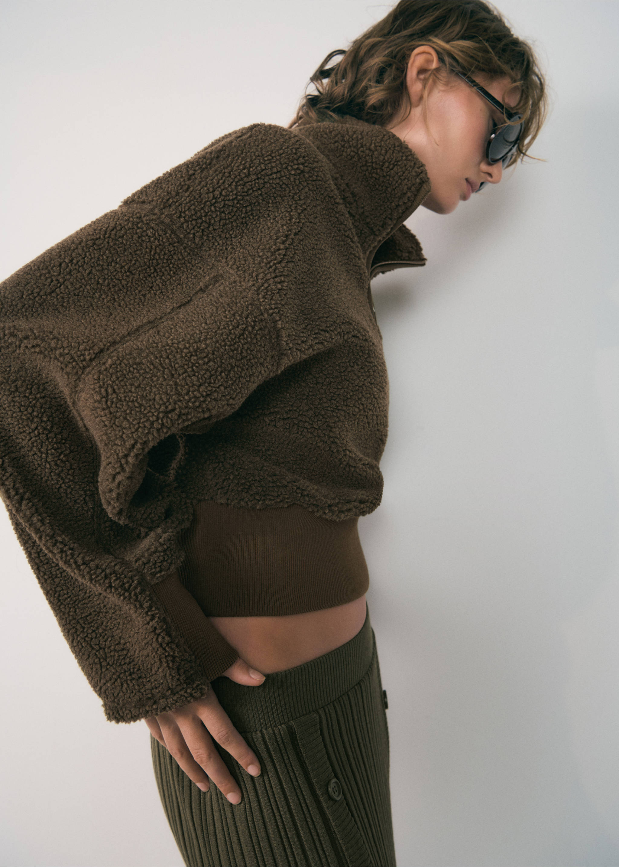 Sudadera borreguito cremallera - Plano medio, Khaki. Ref: 77037938-00.